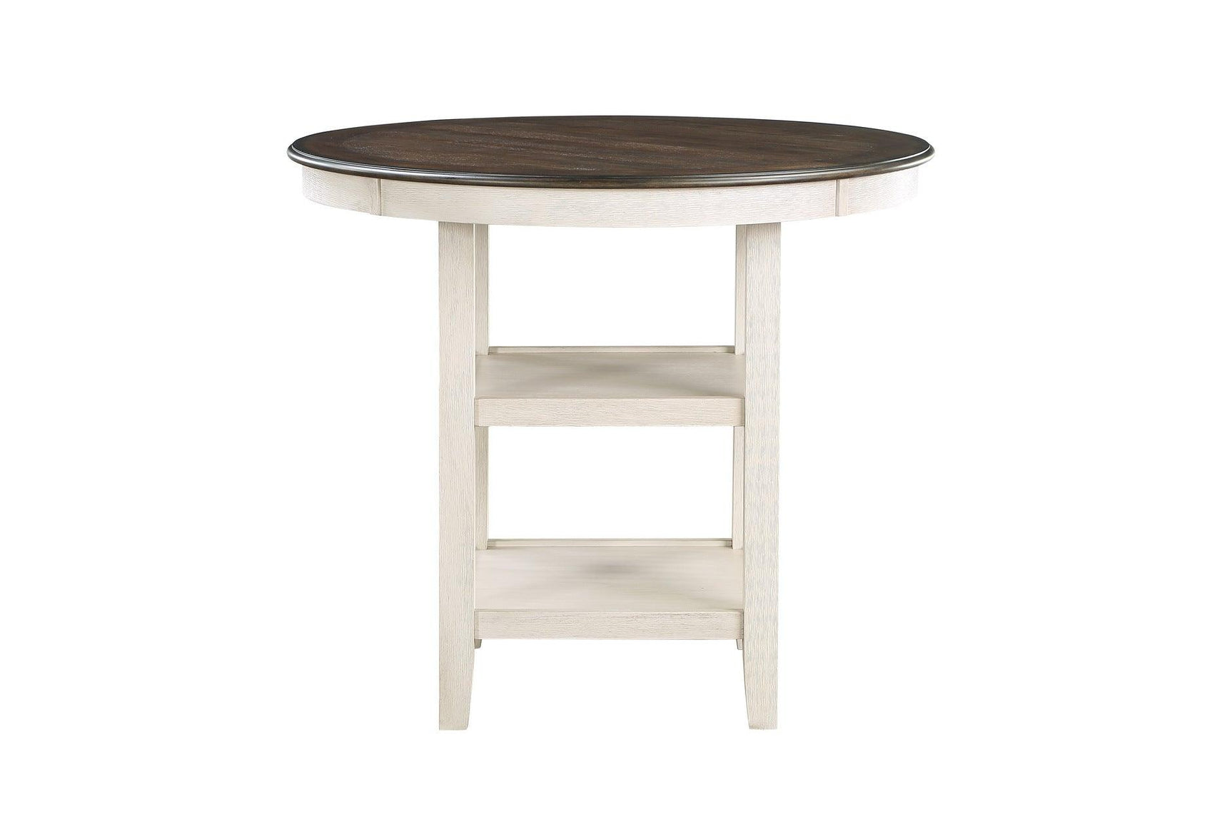 side angle of Asher round counter height dining set with light brown upholstered chairs