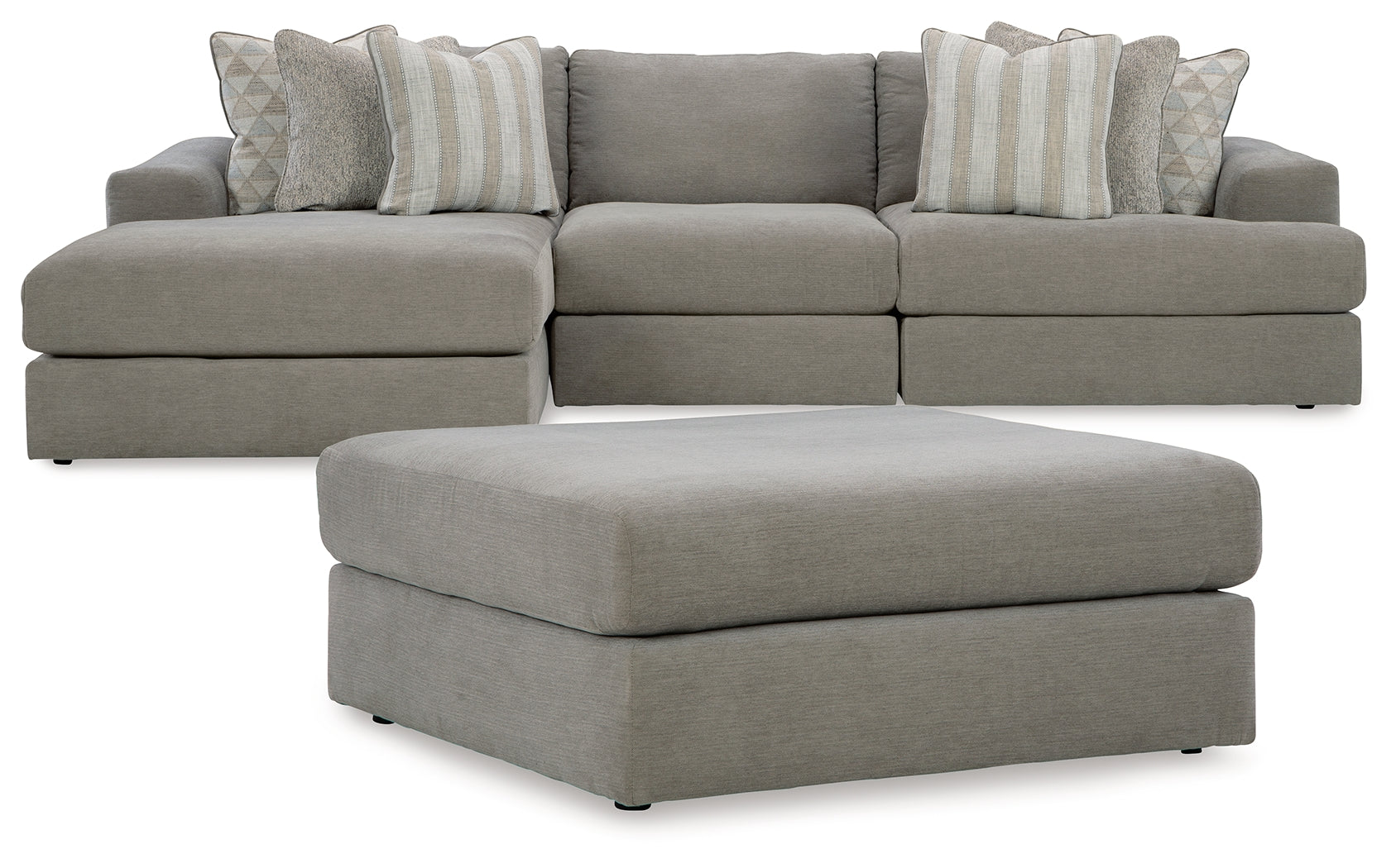 Side view of Avaliyah Ash 3-Piece Sectional with Ottoman
