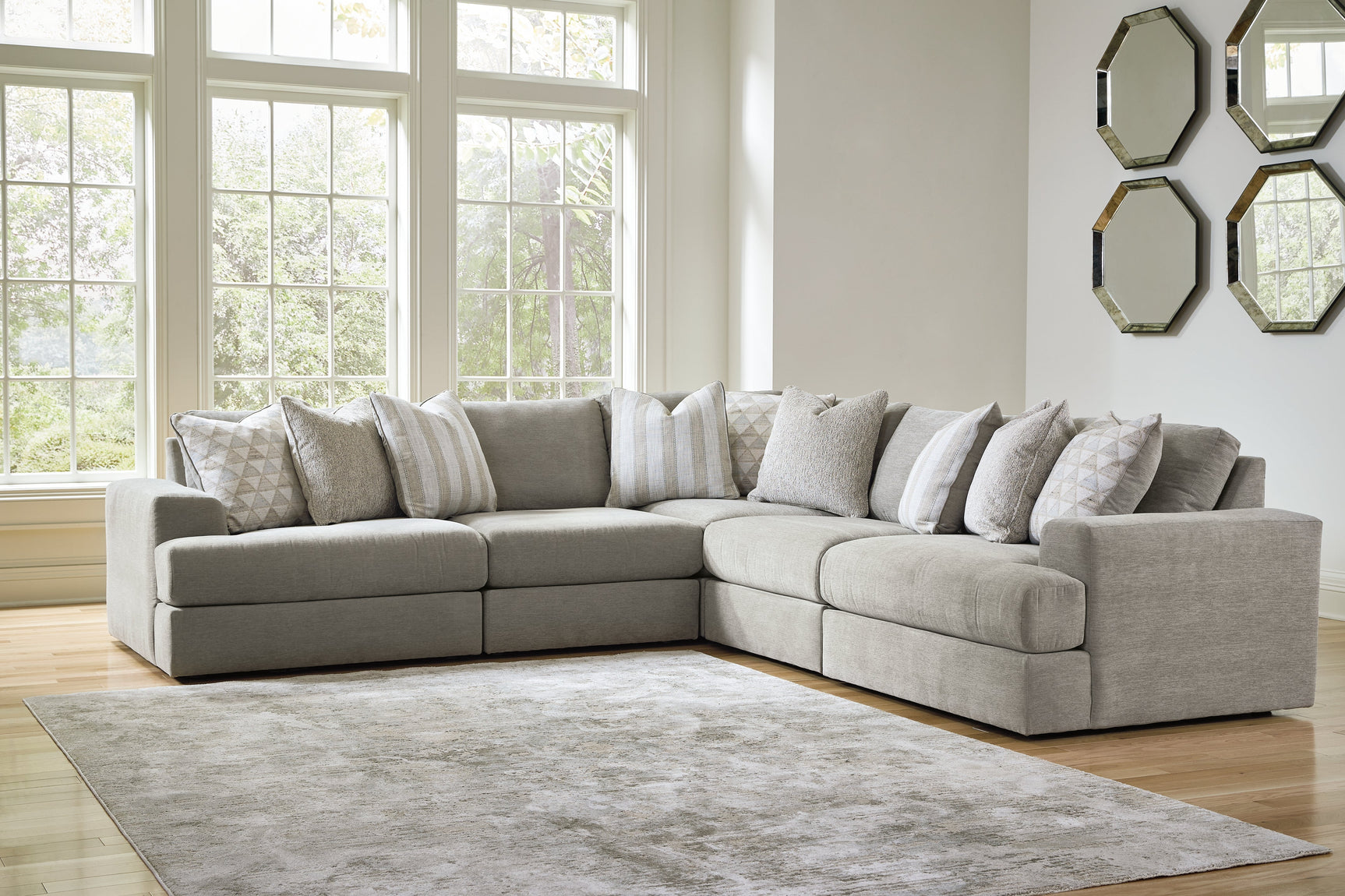 Close-up detail of Avaliyah ash chenille fabric on sectional sofa