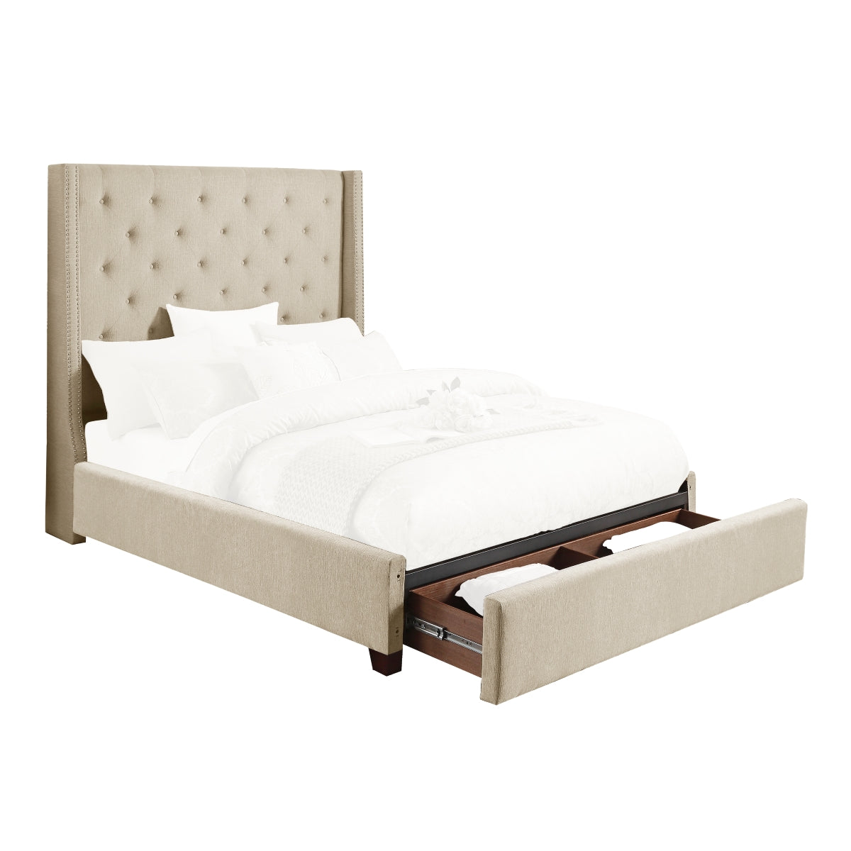 Fairborn Beige Upholstered Storage Platform King Bed