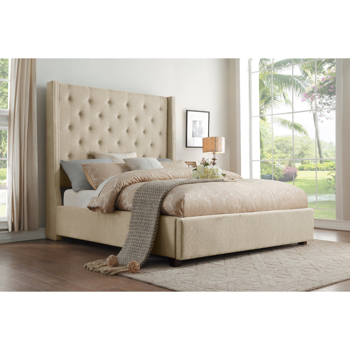Fairborn Beige Upholstered Storage Platform King Bed
