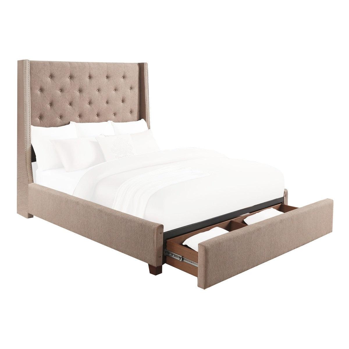 Fairborn Brown Traditional Solid Wood Fabric Upholstered Tufted Storage King Platform Bed - Ella Furniture