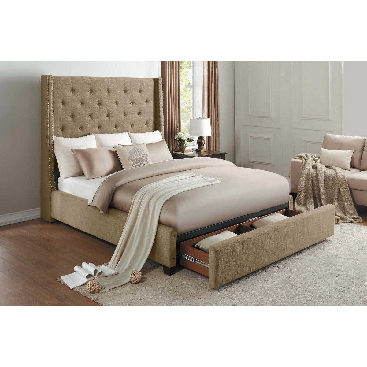 Fairborn Brown Upholstered Storage Platform Queen Bed