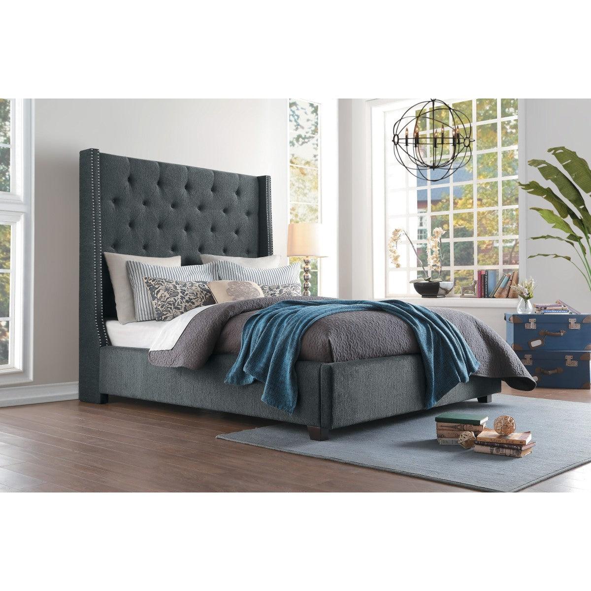 Fairborn Gray king bed angled view showing tufted headboard