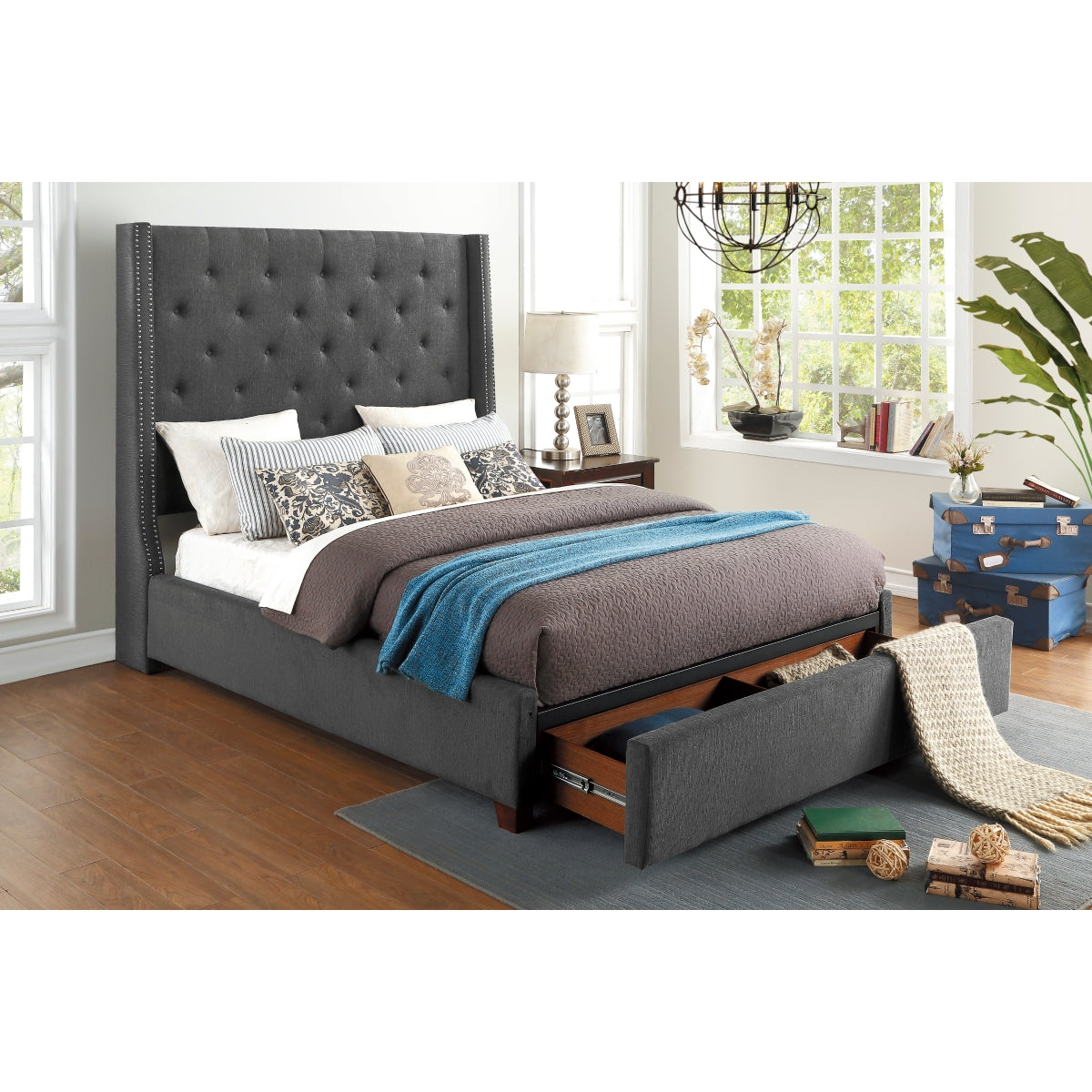 Fairborn Gray Upholstered Storage Platform King Bed
