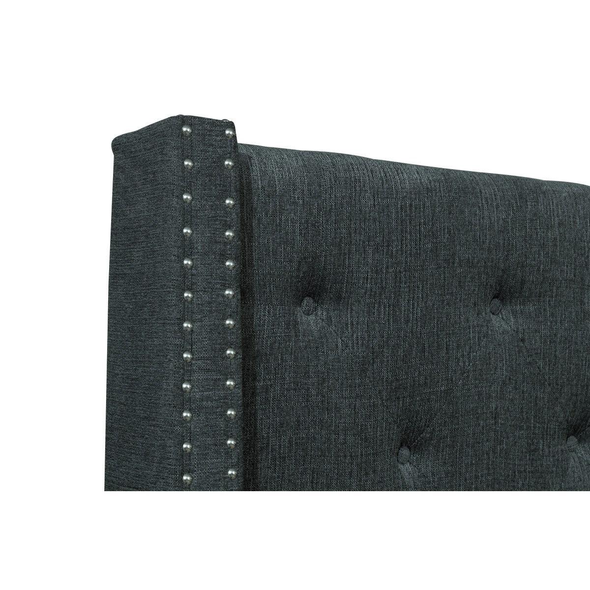 Close-up of Fairborn Gray fabric upholstery and nailhead trim