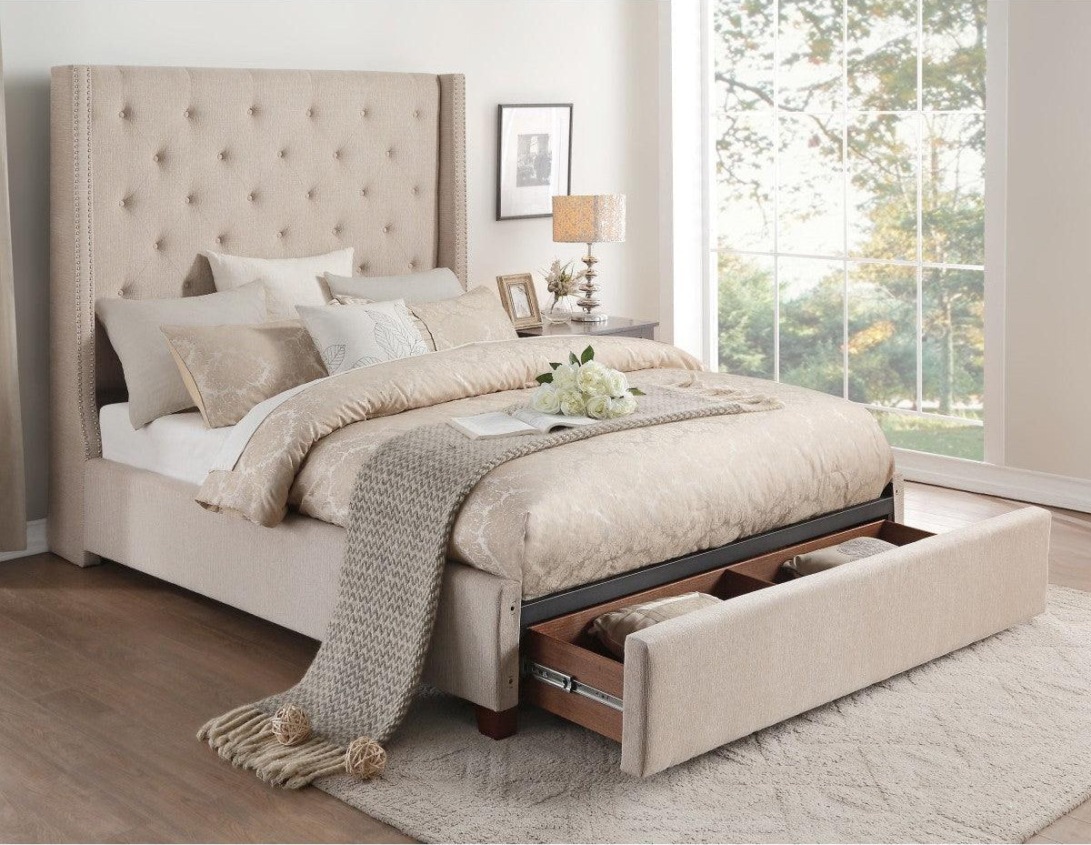 Fairborn beige fabric tufted queen platform bed close-up of headboard