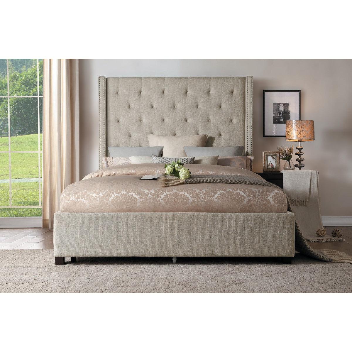Fairborn Beige Modern Solid Wood And Plywood Frame Fabric Upholstered Tufted King Platform Bed - Ella Furniture