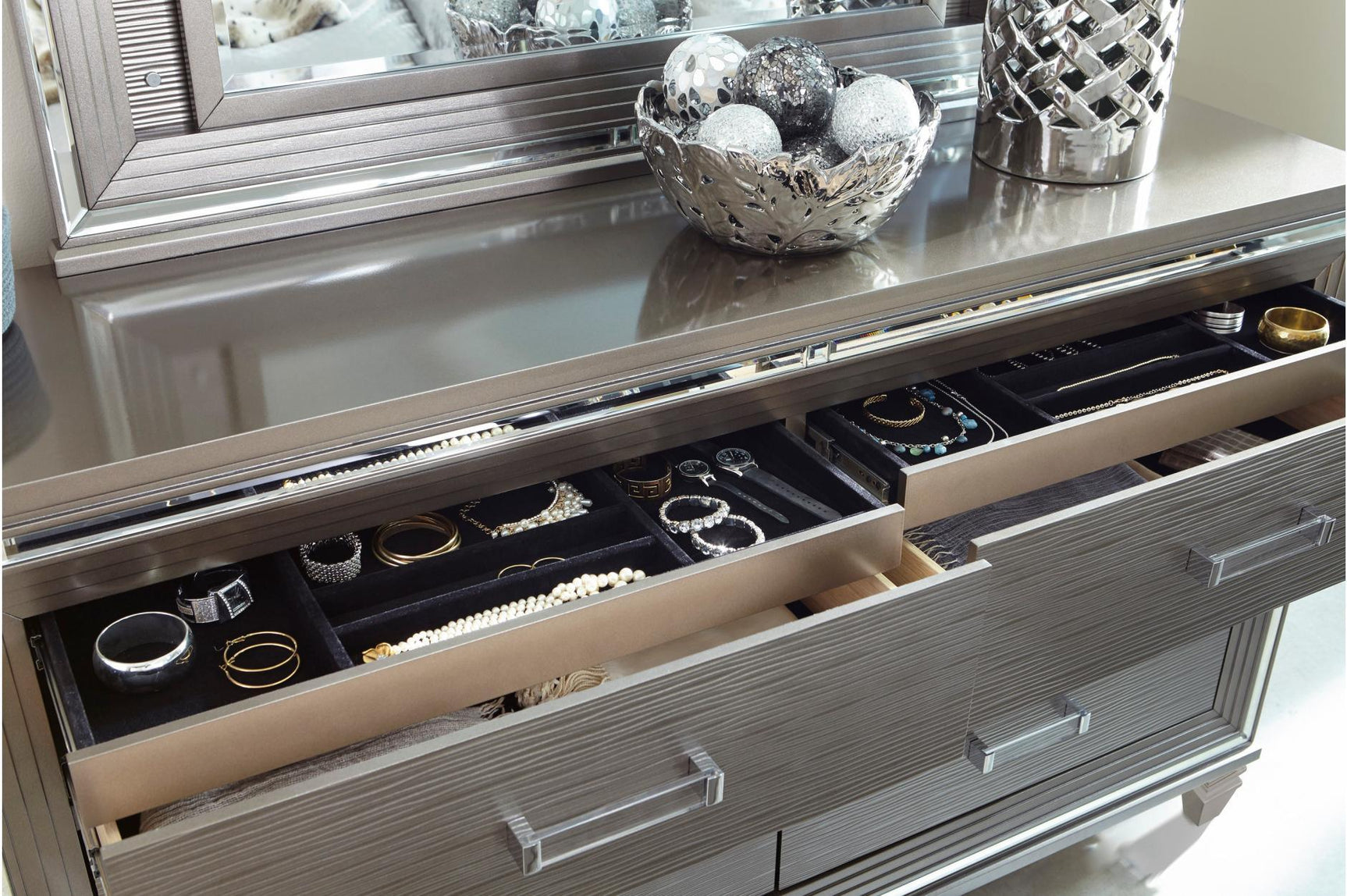 Side view of Tamsin Silver Gray Faux Leather LED Storage Platform Bedroom Set bed