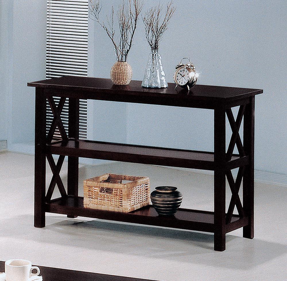 Side view of Rachelle sofa table with geometric X side panels in deep merlot