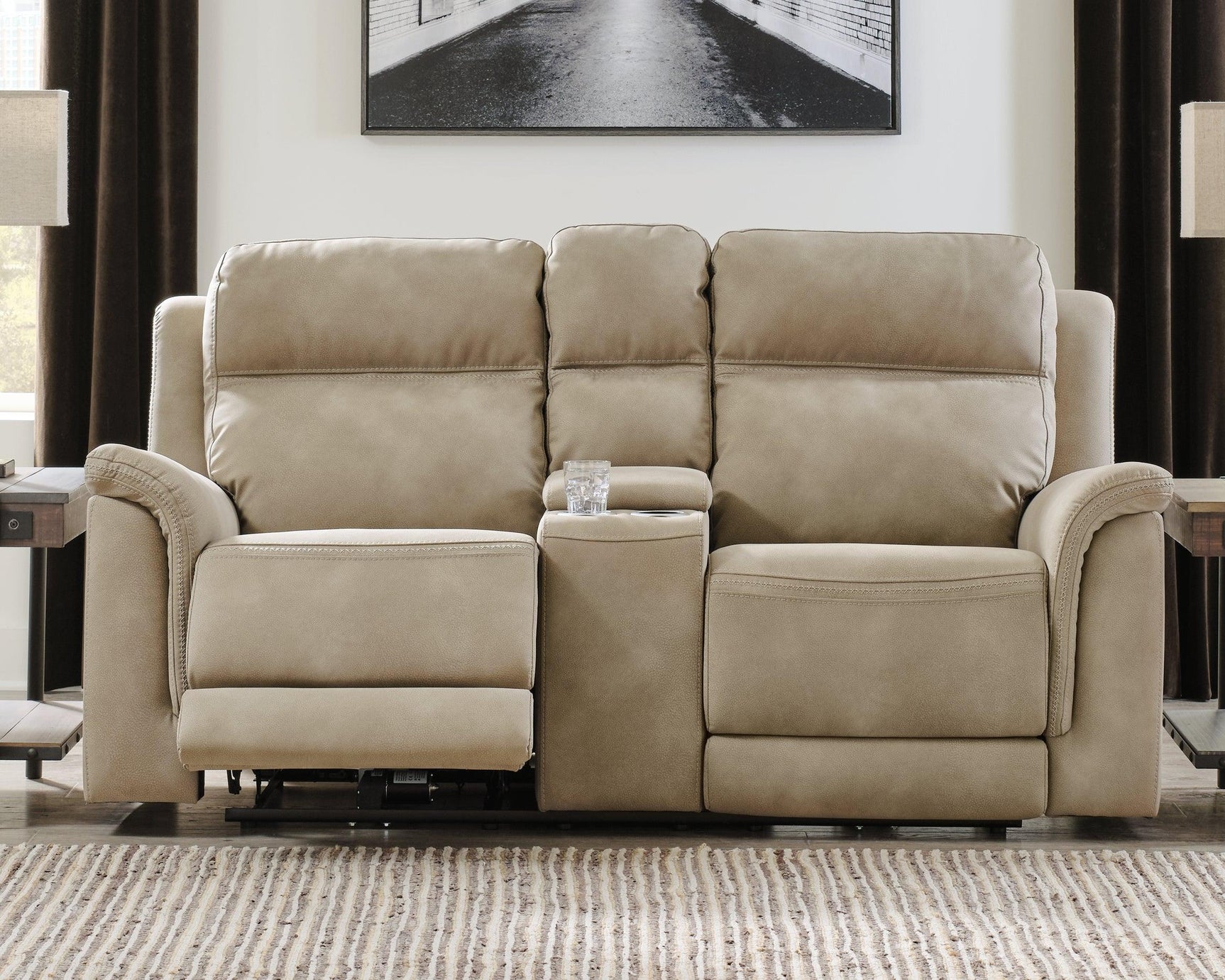 Next-gen Durapella Sand Microfiber Power Reclining Loveseat With Console - Ella Furniture