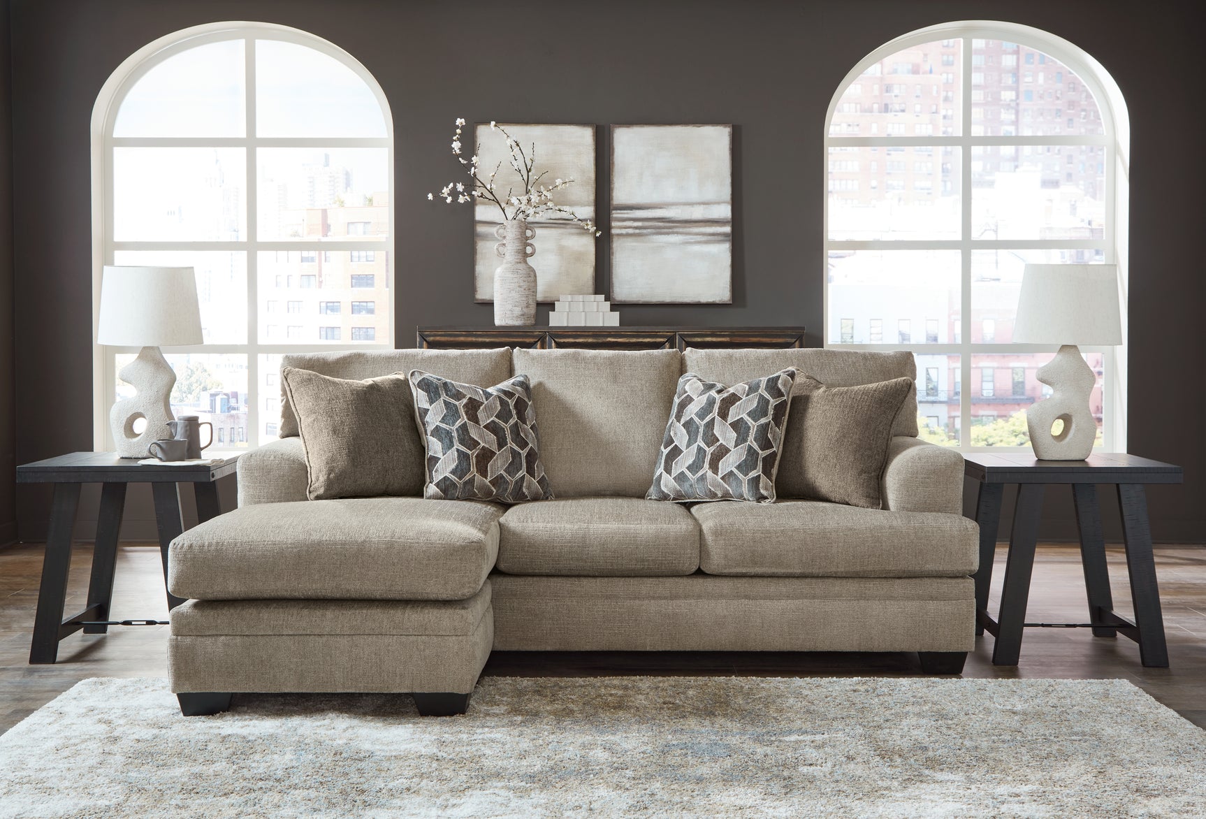 Stonemeade taupe sofa chaise seating set including chair and ottoman