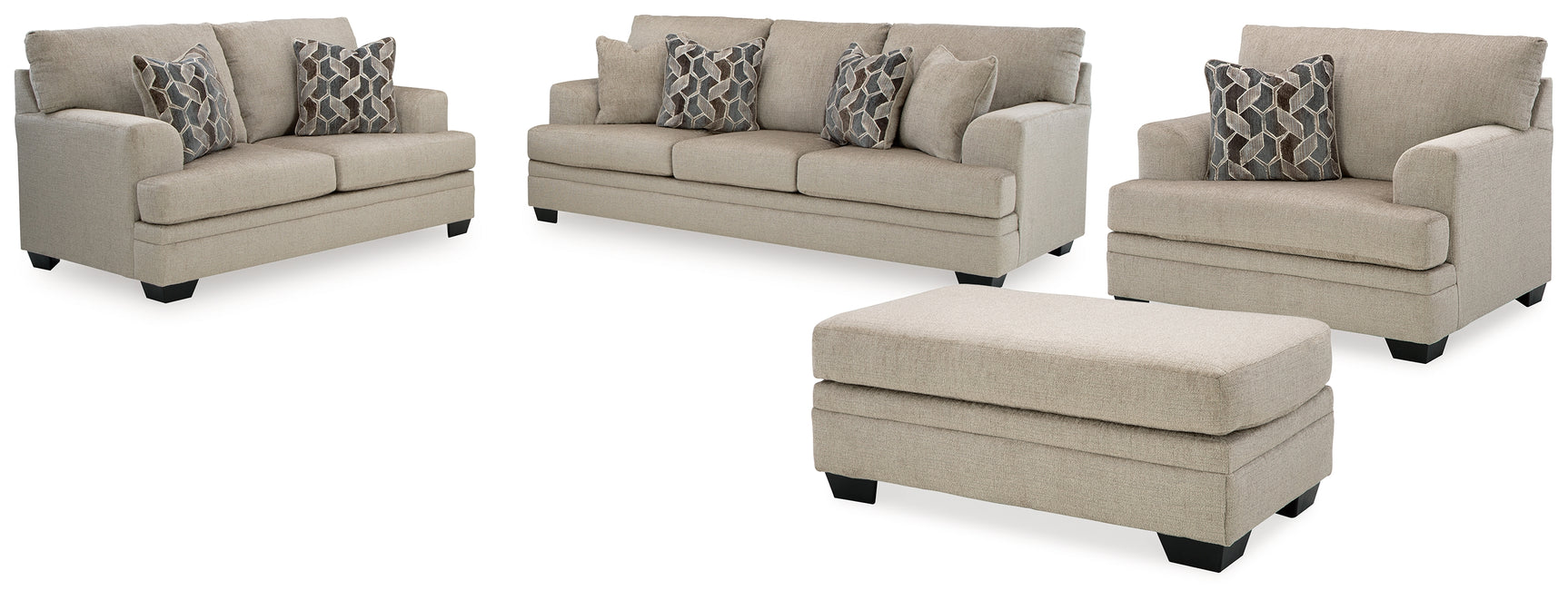 Side view of Stonemeade taupe sofa, loveseat, chair and ottoman