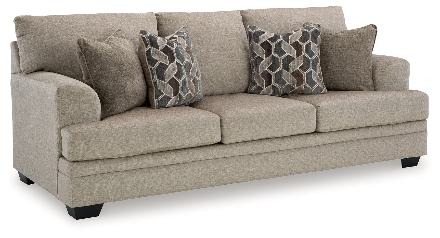 Top side view of ottoman in taupe upholstery