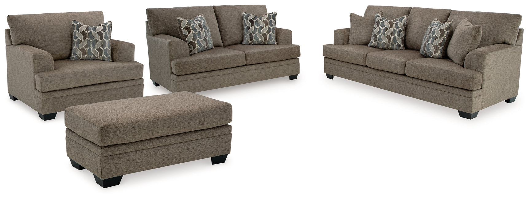 side view of Stonemeade Nutmeg sofa set with loveseat, chair and ottoman