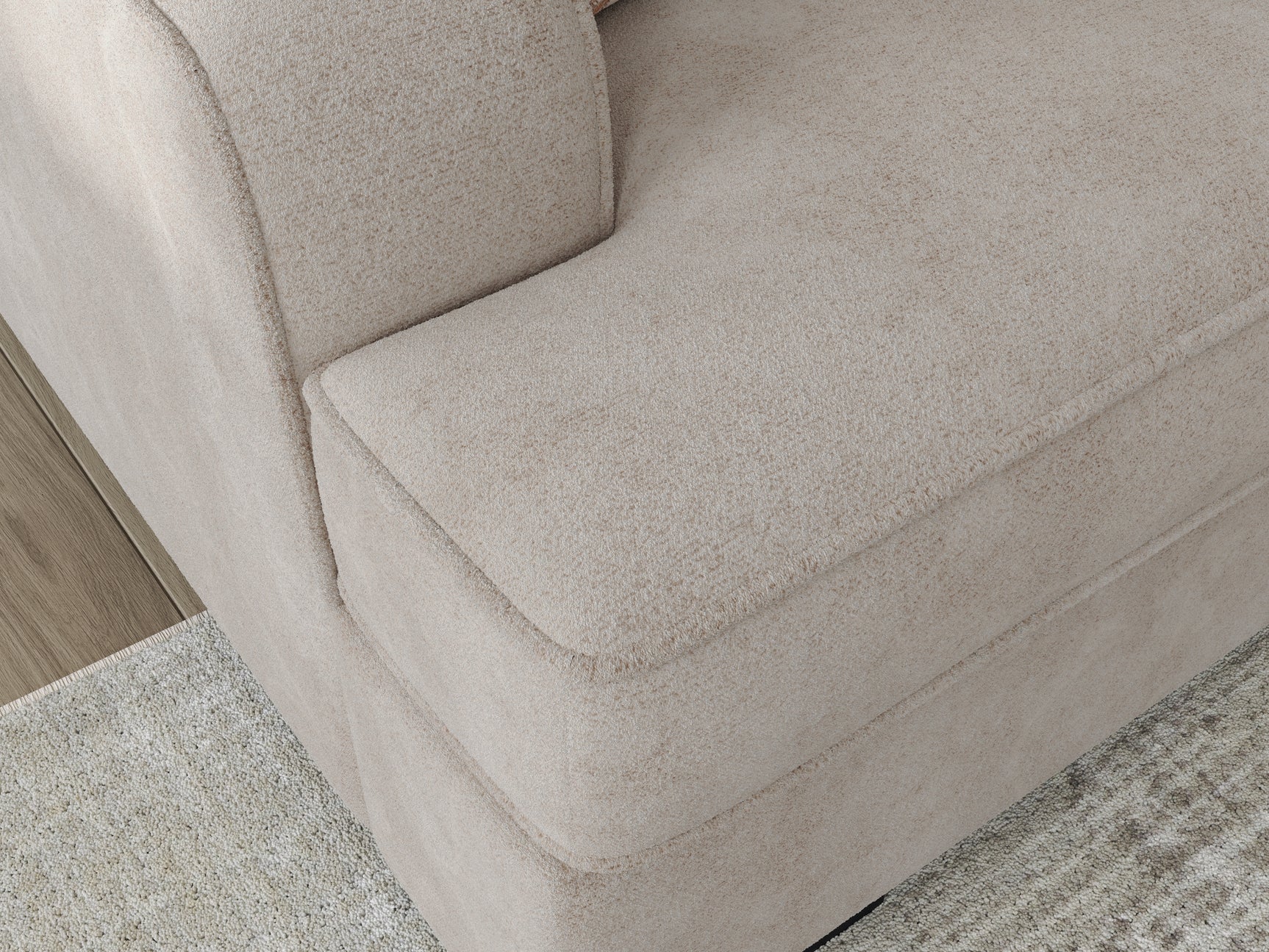High Profile Taupe Chenille Sofa close side detail
