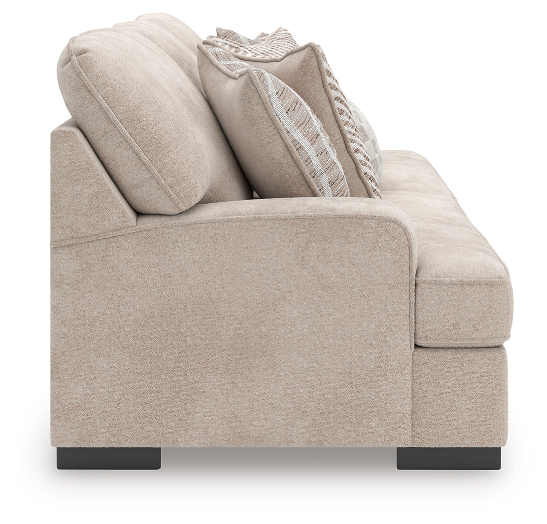 High Profile Taupe Chenille Sofa side view showing arm