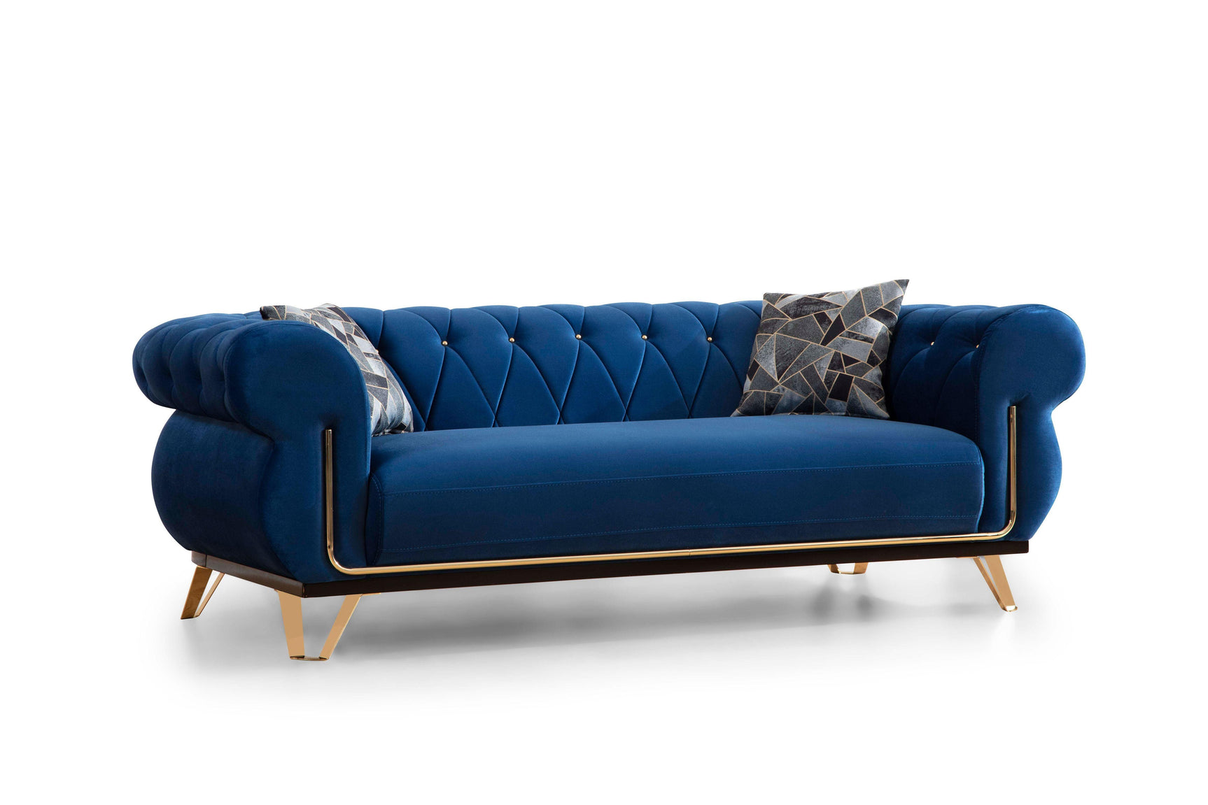 Side view emphasizing clean lines of navy velvet loveseat