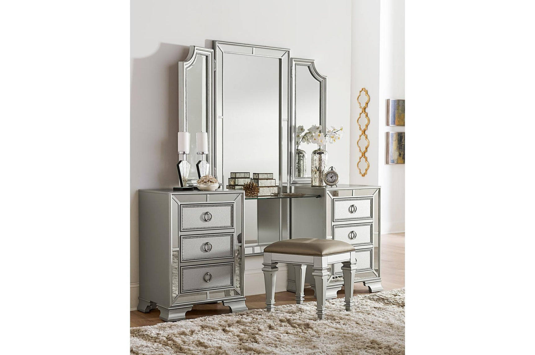 side view of Avondale Silver Upholstered Tufted Panel Bedroom Set bed