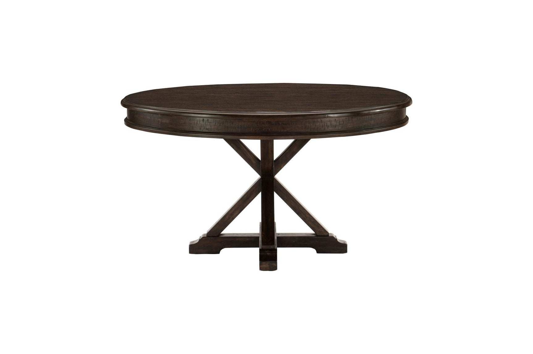 room view of round dining table set in charcoal fabric upholstery