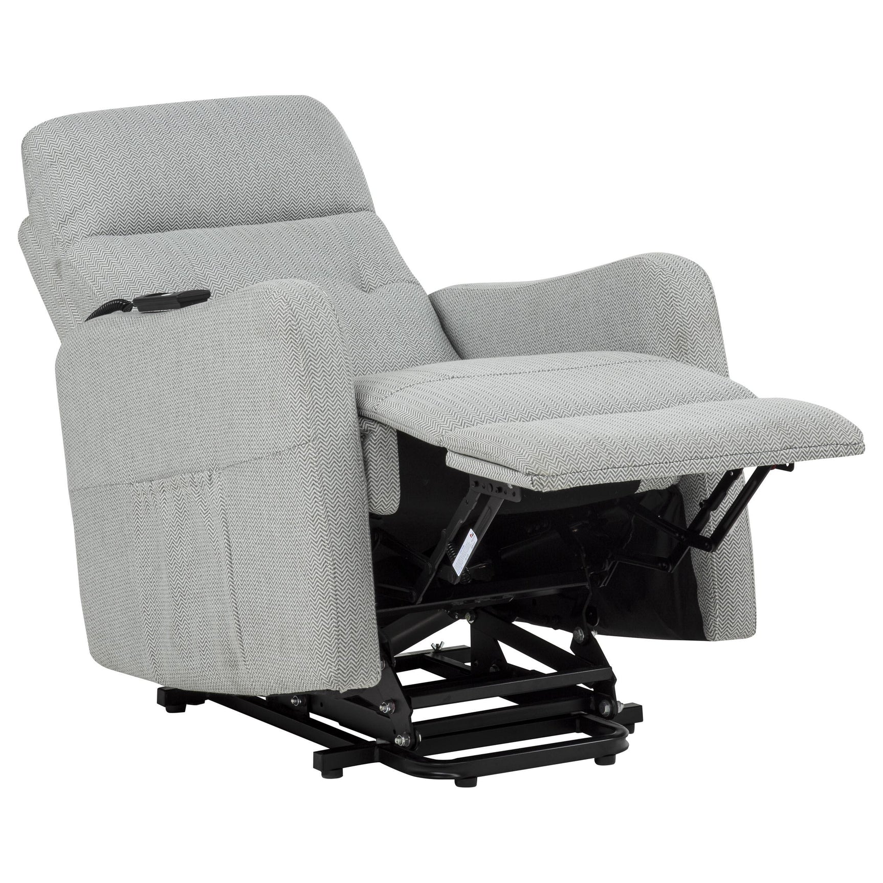 Dayes upholstered power lift recliner chair in light grey, front angle