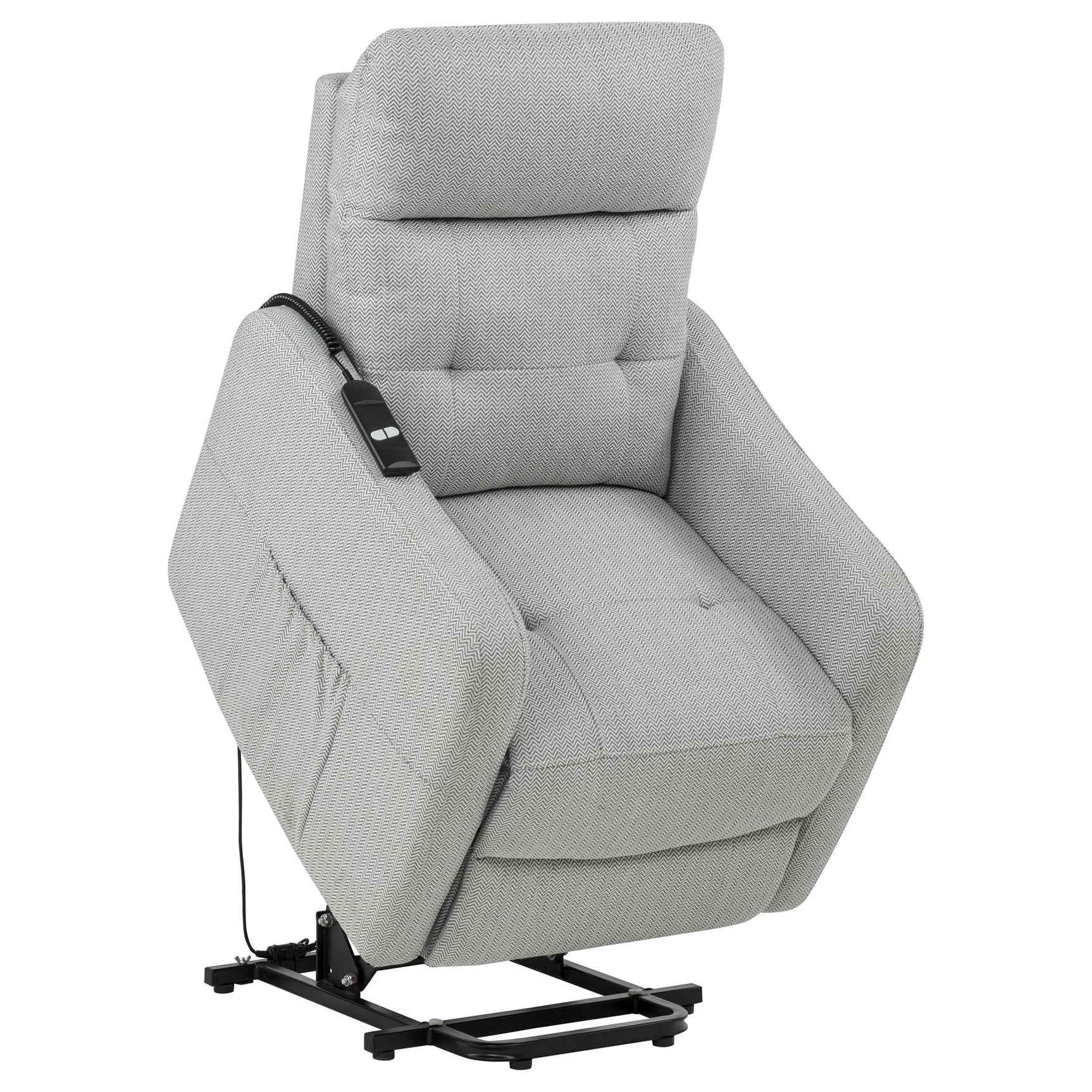 Dayes upholstered power lift recliner chair in light grey, front angle