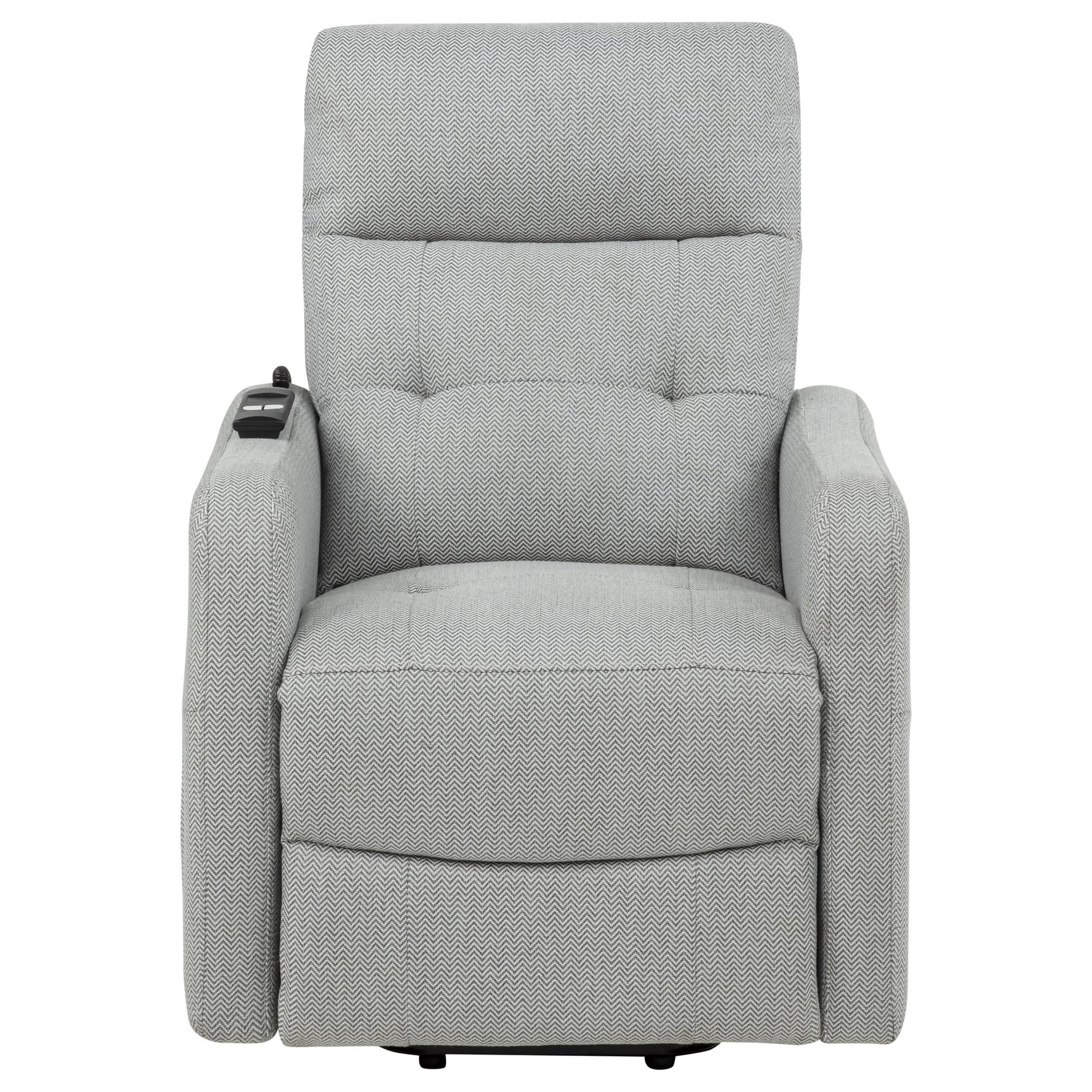 Dayes upholstered power lift recliner chair in light grey, front angle