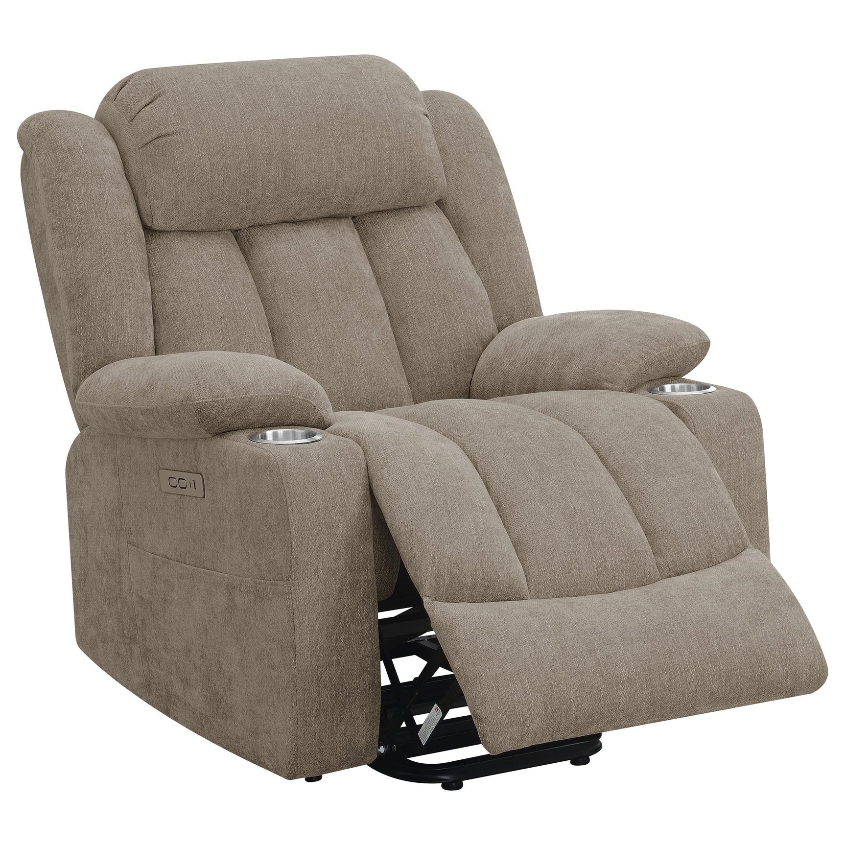 Two cupholders and storage pocket on Houston recliner arm