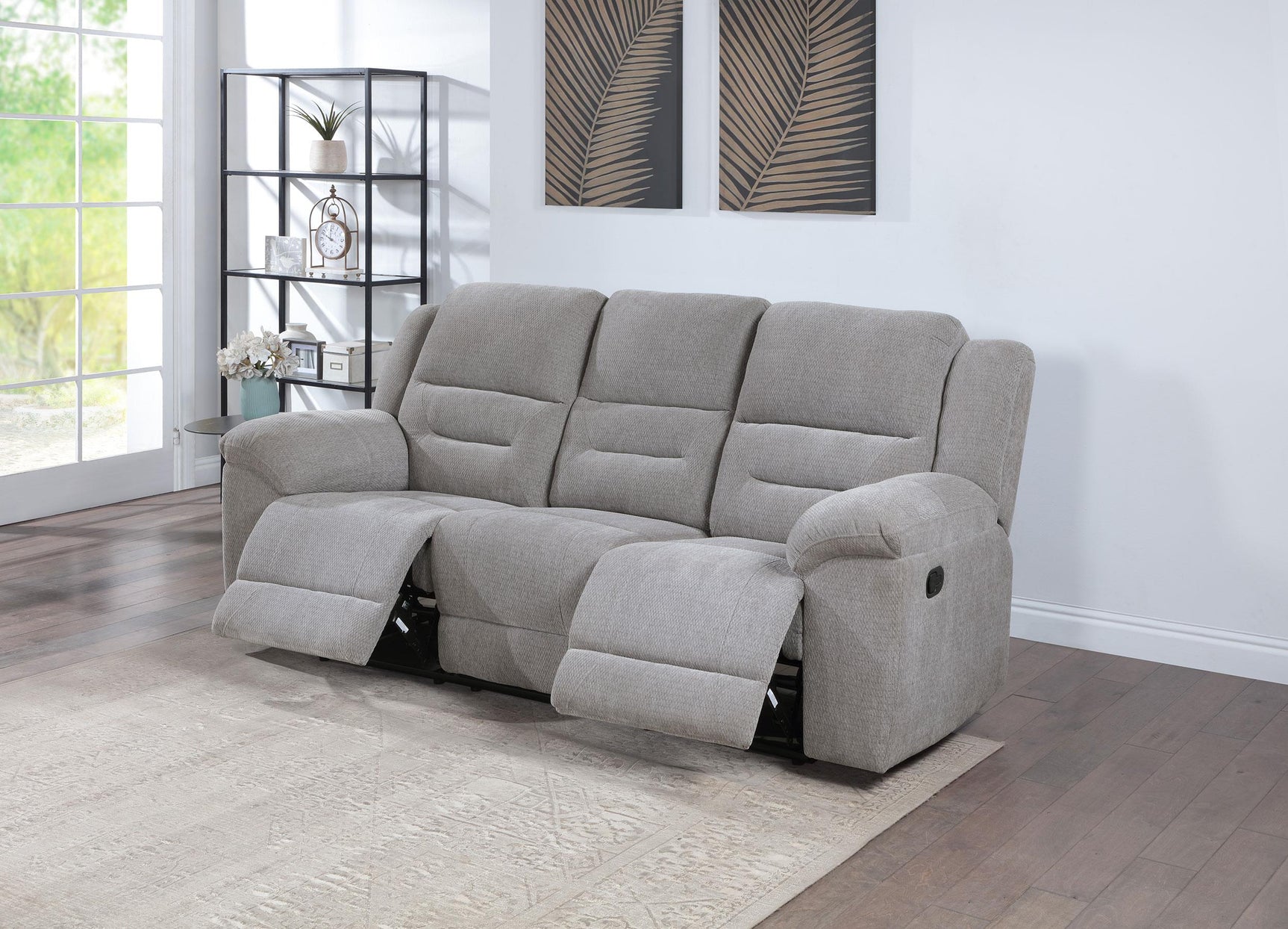 Close-up of stainless steel cup holders on Grimm Reclining Sofa