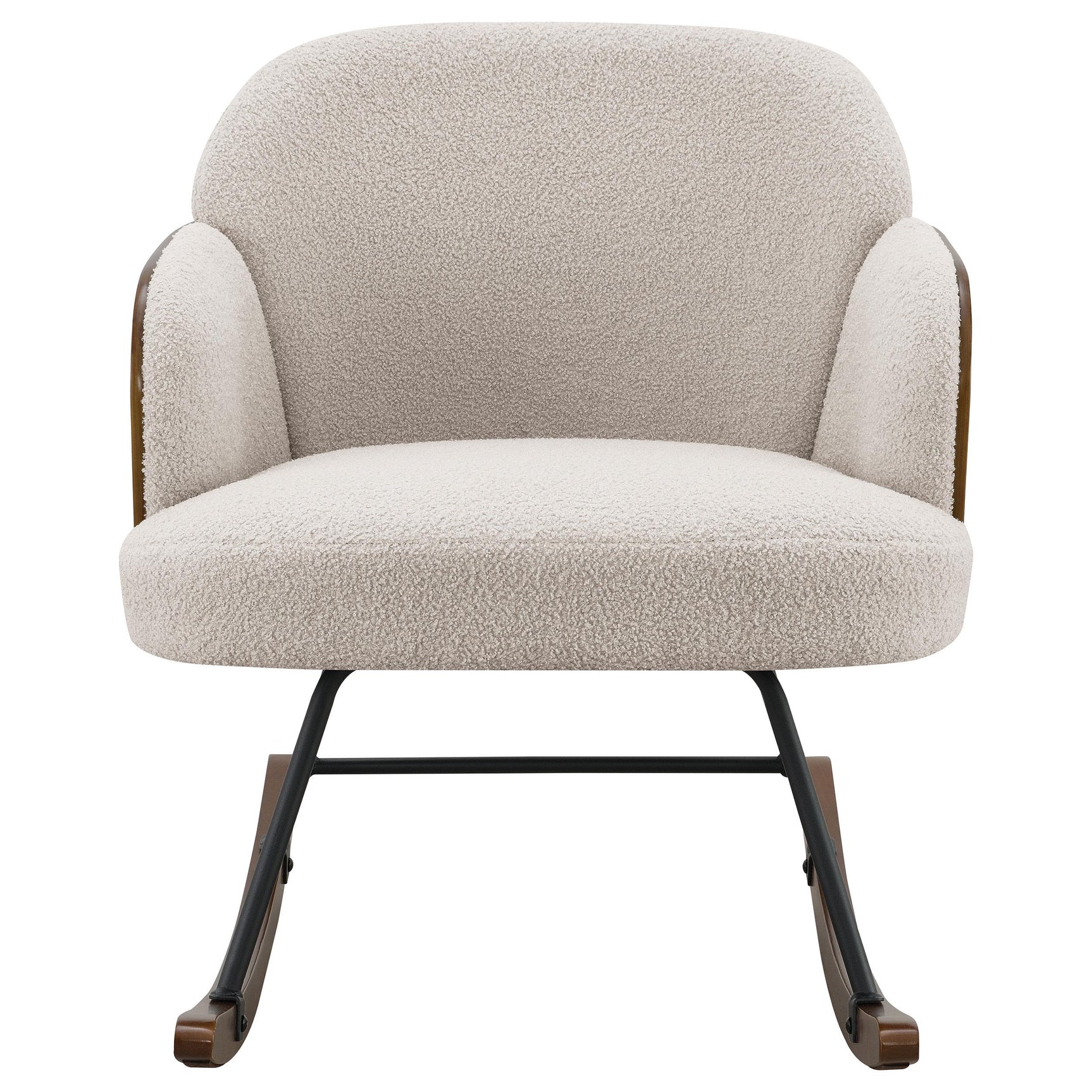 Close-up of beige boucle fabric upholstery on Paige rocking chair