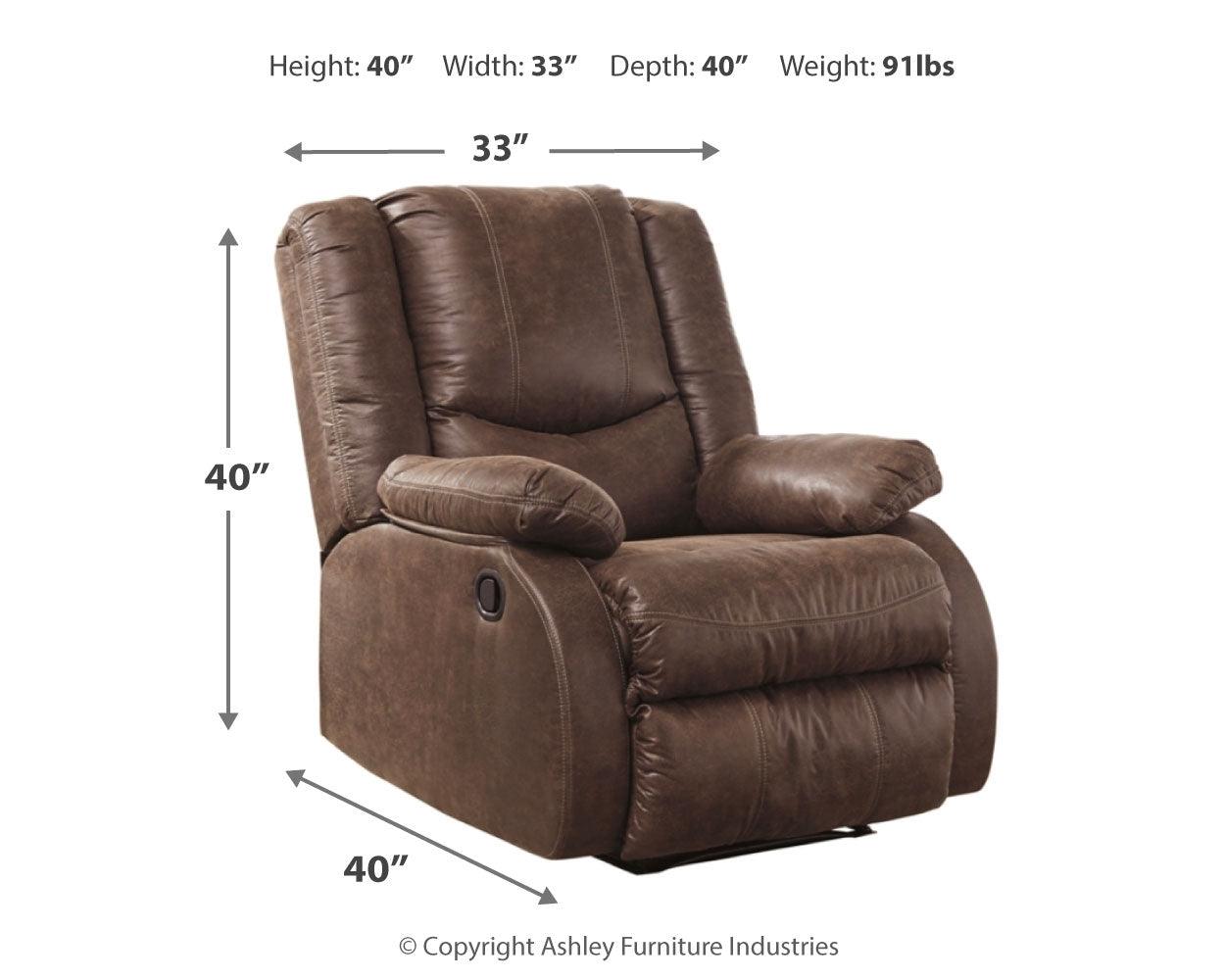 Side dimension view of Bladewood Coffee Faux Leather Recliner