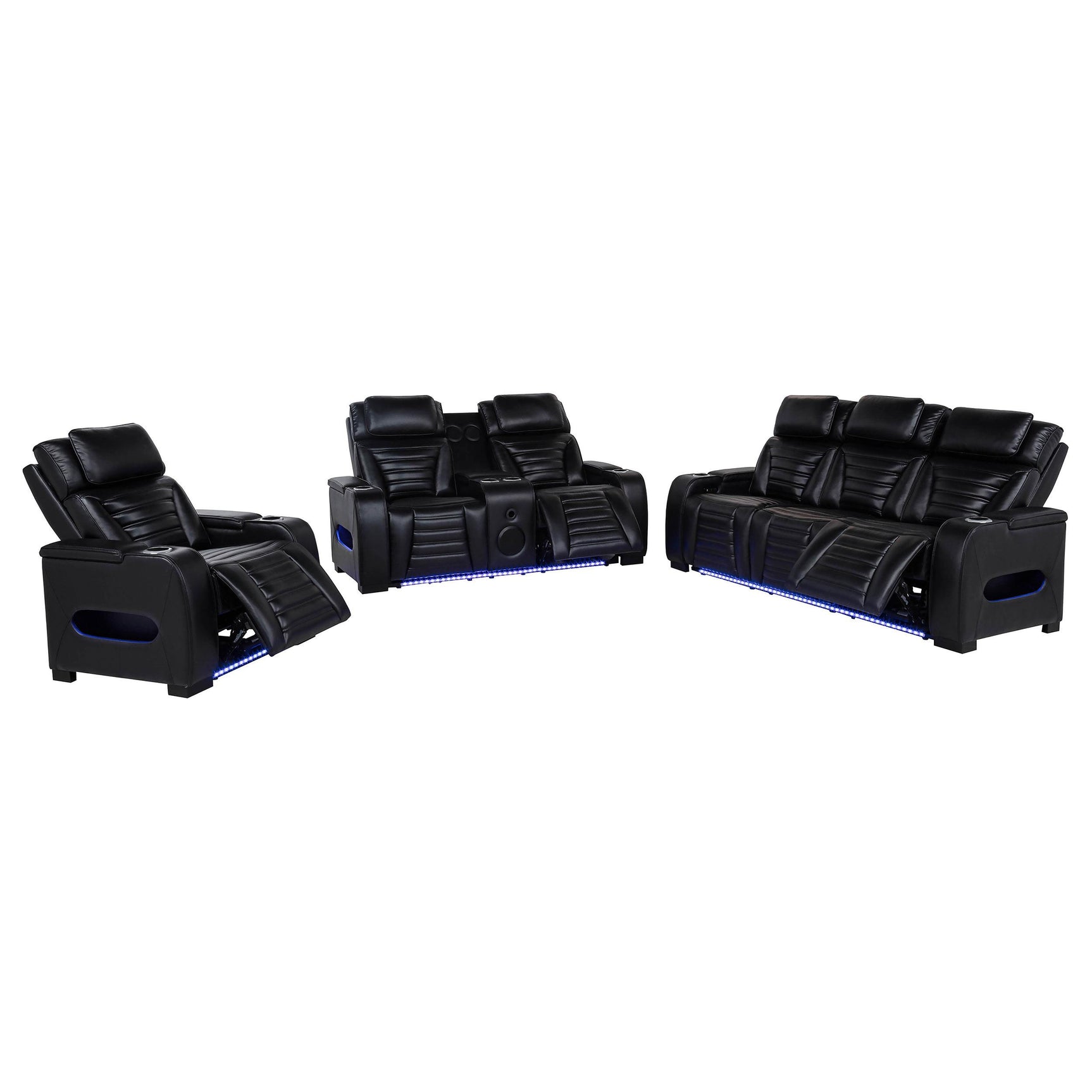 Zuma 3-piece black faux leather reclining sofa set side detail