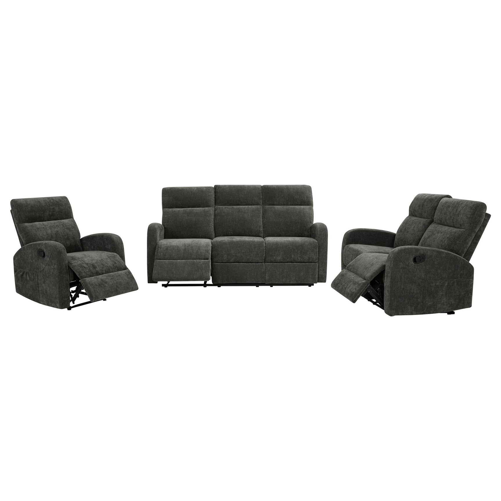 Glider recliner with manual reclining handle in charcoal grey