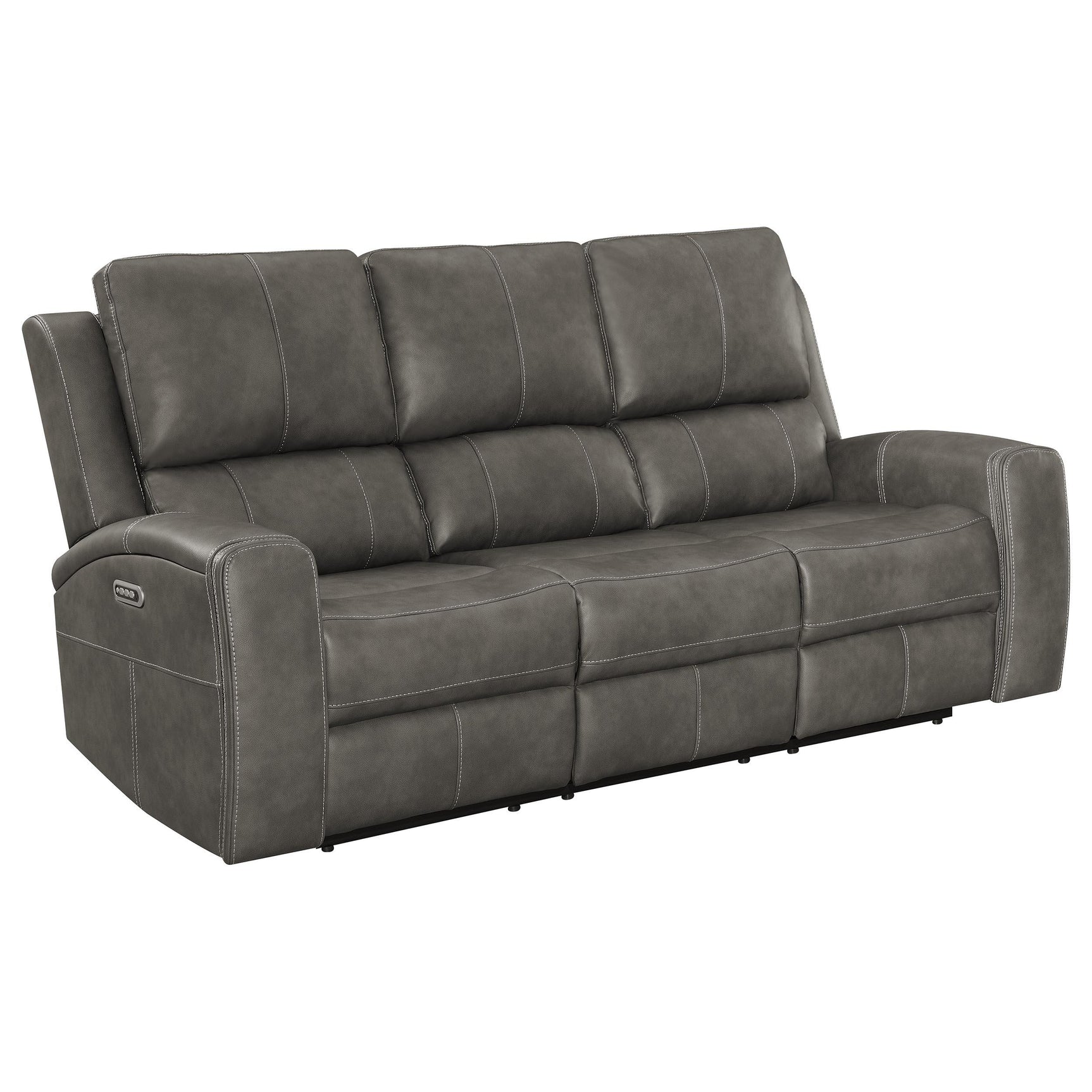 Side view of Brickston triple power reclining sofa showing cup holder
