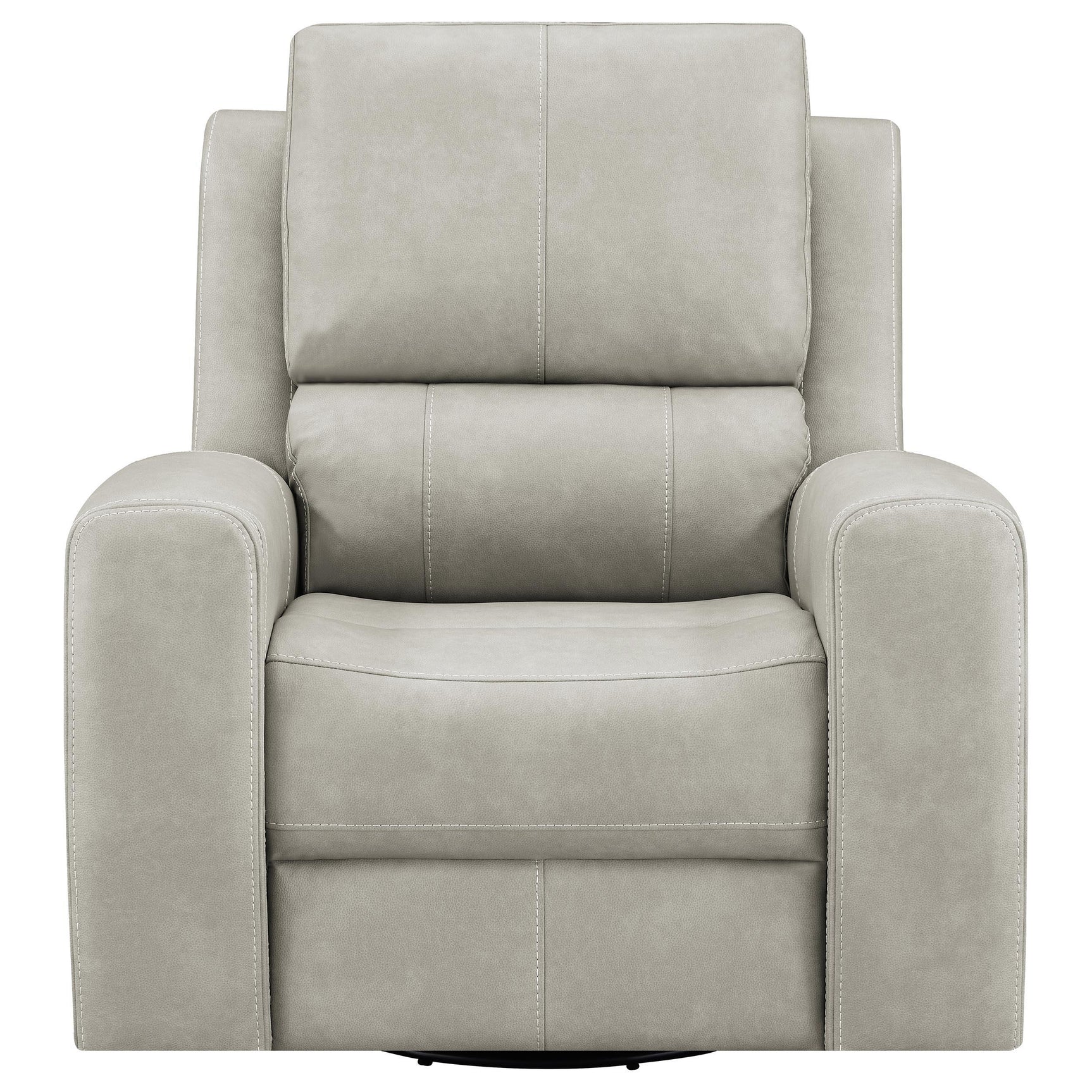 Grey leatherette upholstery close-up on triple power recliner