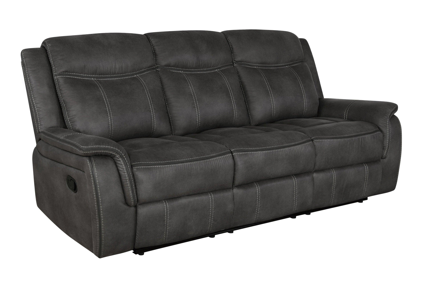 Side view of Lawrence Upholstered Tufted Back Motion Sofa showing recliner lever