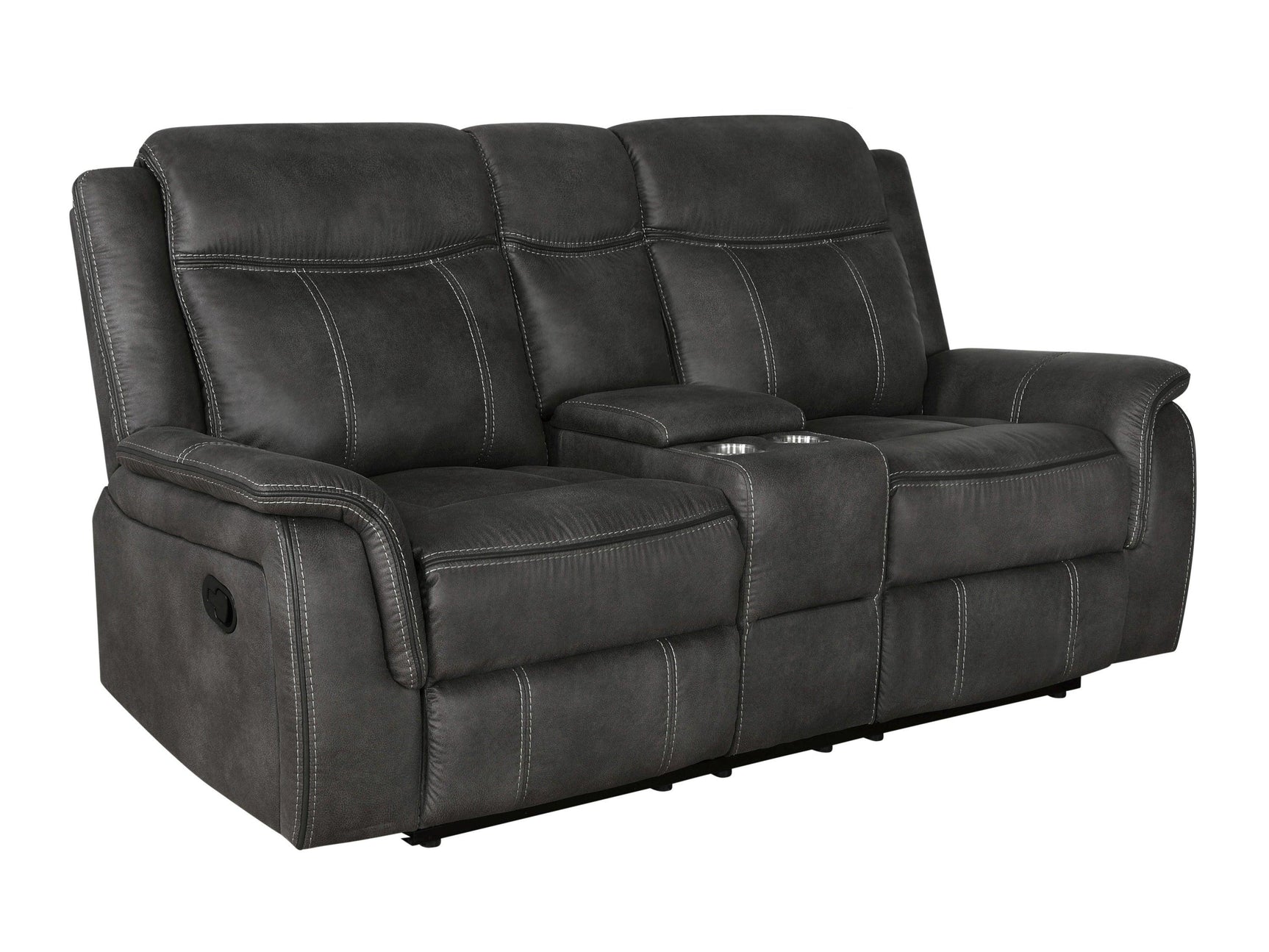 Reclined position of Lawrence Upholstered Motion Sofa showing manual glider