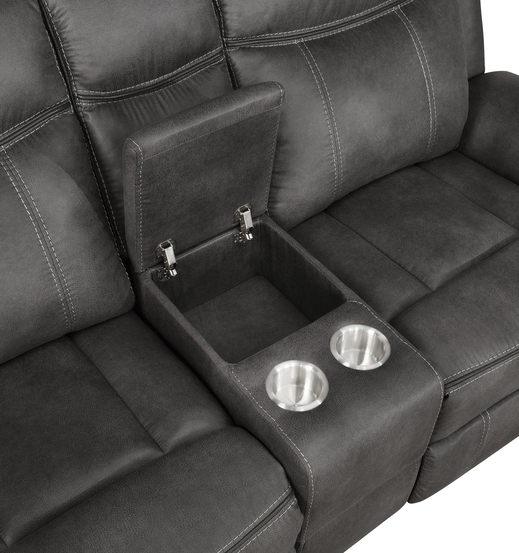 Lawrence Motion Loveseat showing manual recliner handle