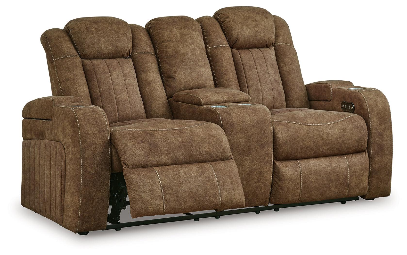 Wolfridge Brindle Faux Leather Power Reclining Loveseat head-on view