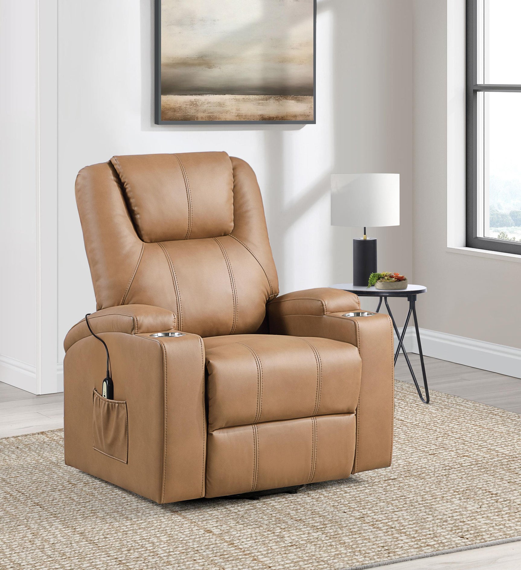 Side view of Armstrong power lift massage recliner in camel