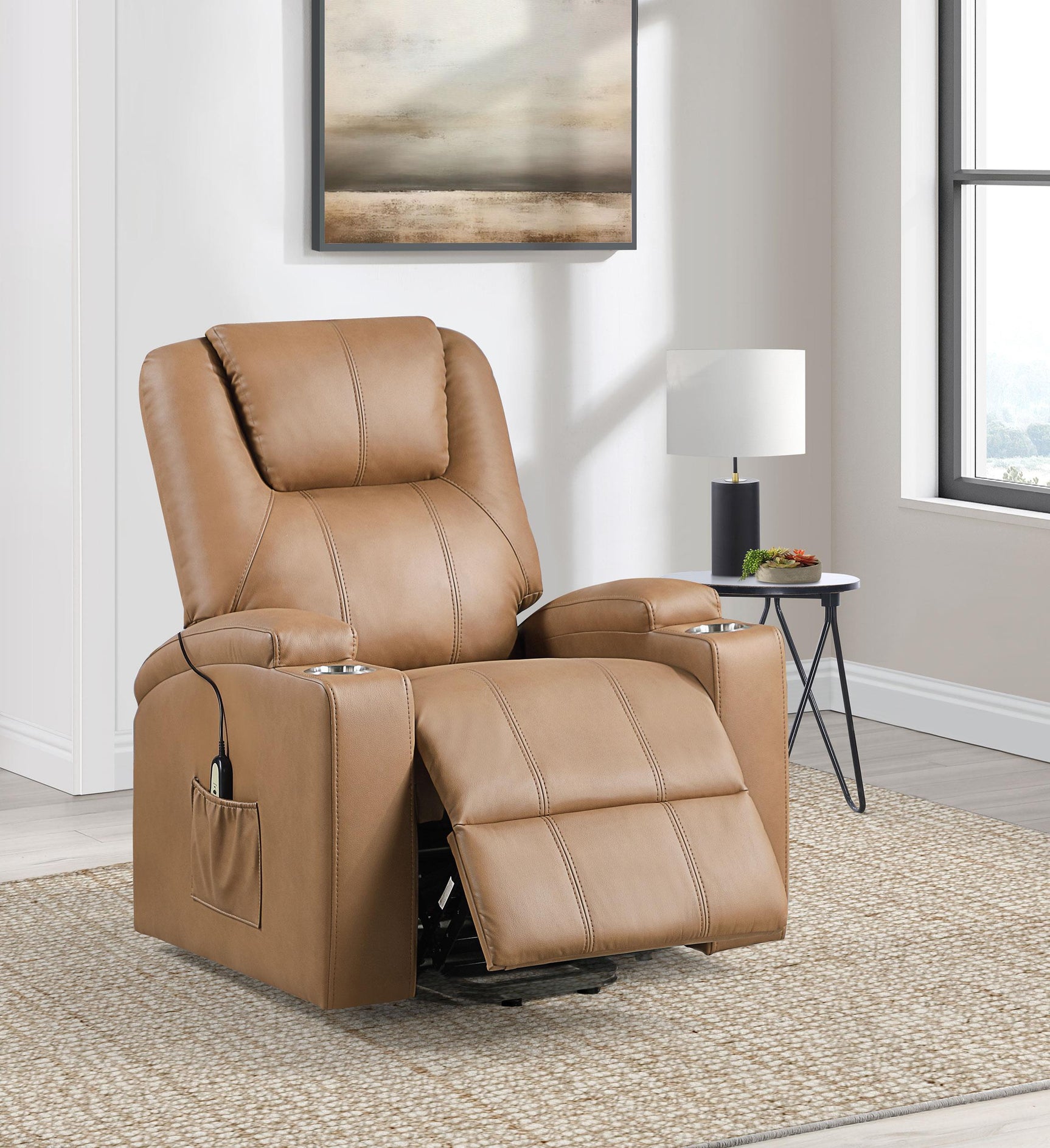 Close-up of Armstrong recliner armrest and fabric