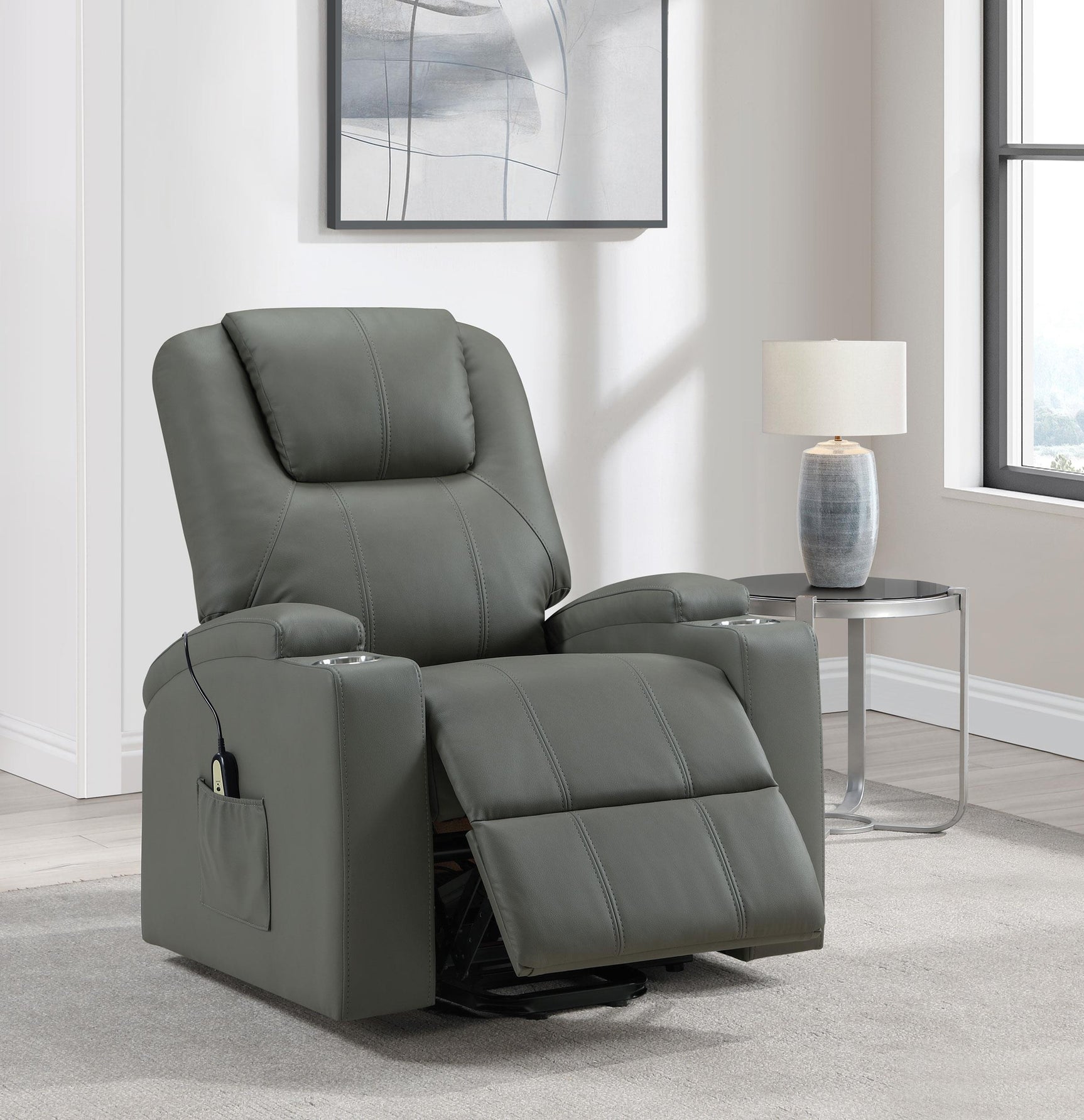 Armstrong recliner side angle showing controls and upholstery