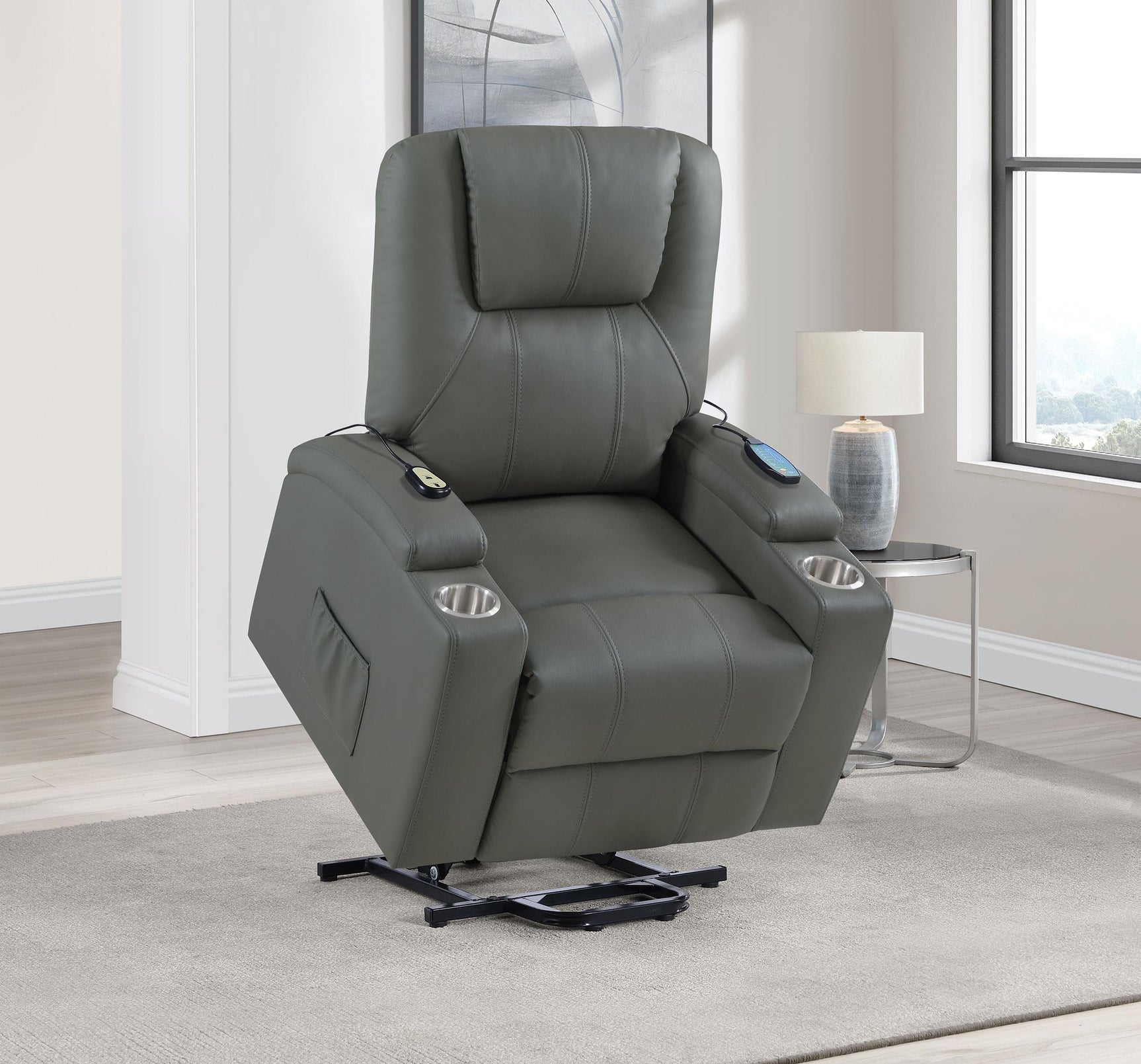 Close-up of recliner upholstery and armrest