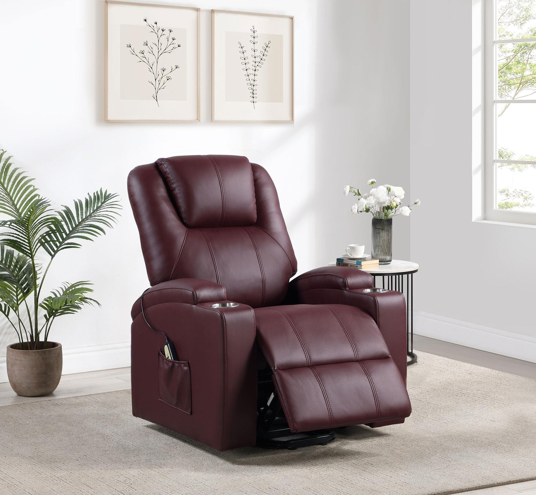 Close-up on armrest of wine red upholstered recliner