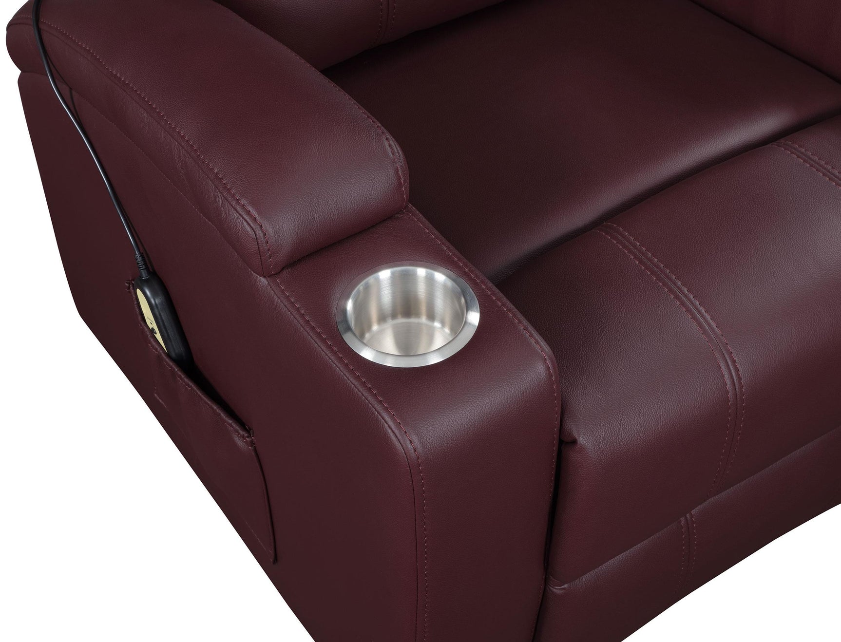 Close-up of stitching on wine red upholstery