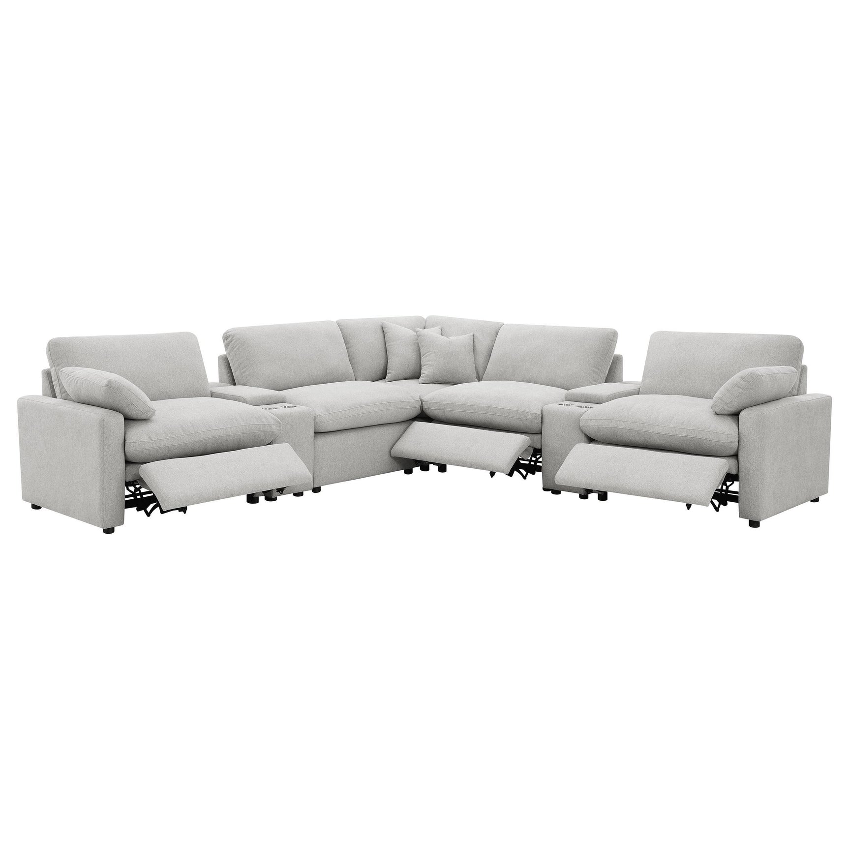 Collins sectional showing power recliner in grey fabric