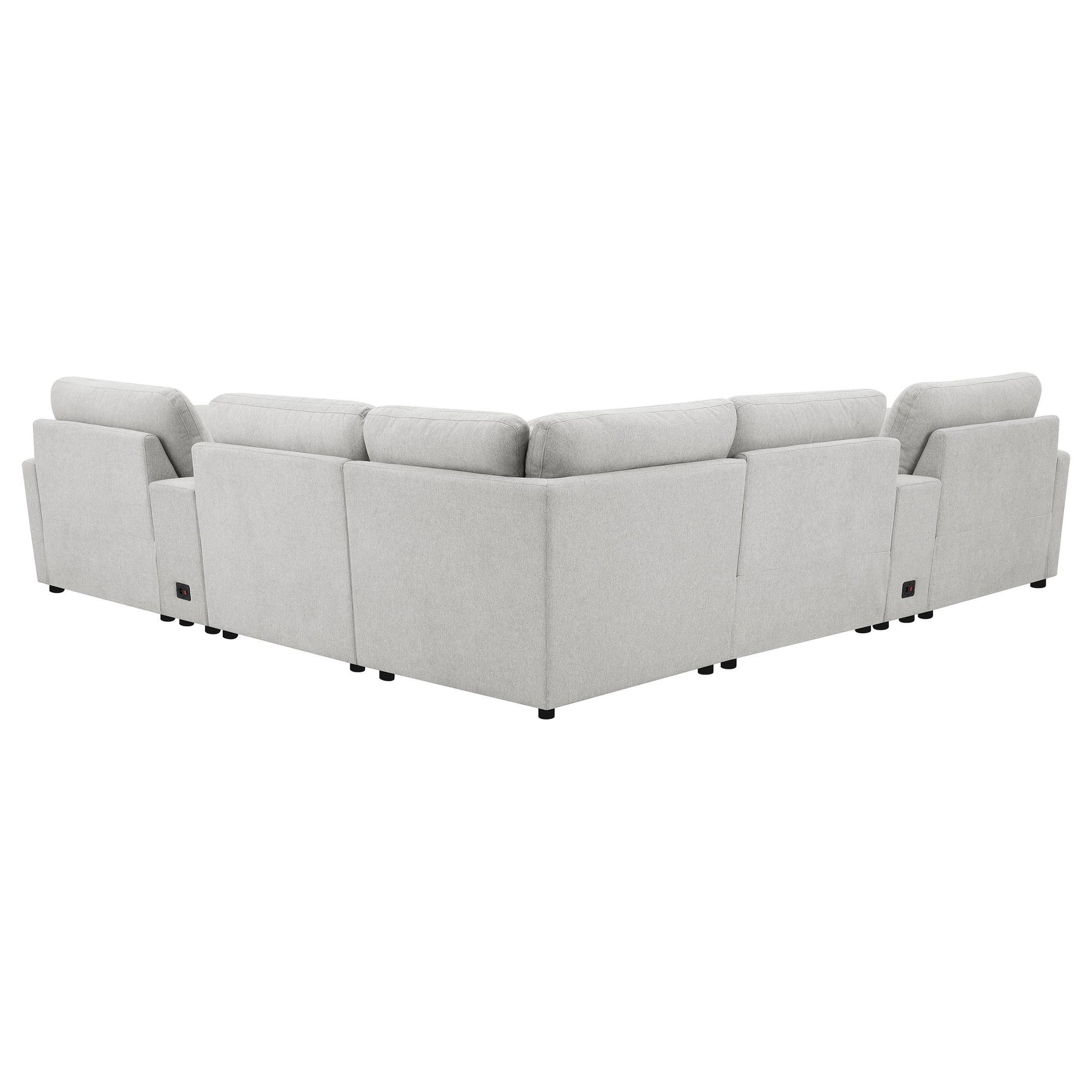 Close-up of grey fabric and power reclining control on Collins sectional