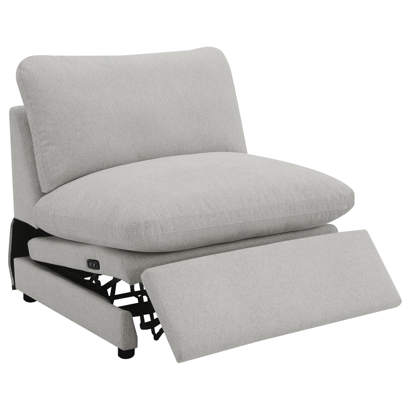 Power recliner extended position of grey sofa