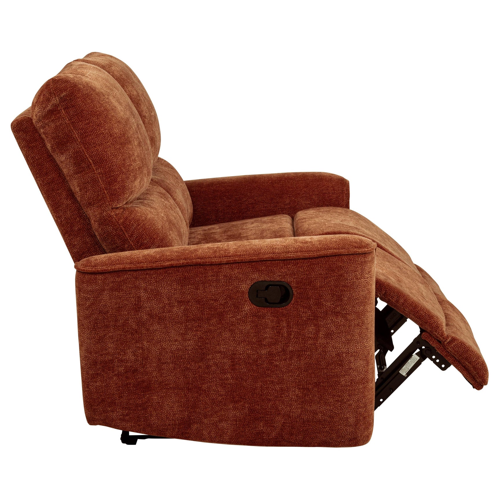 Wood and metal frame base under loveseat
