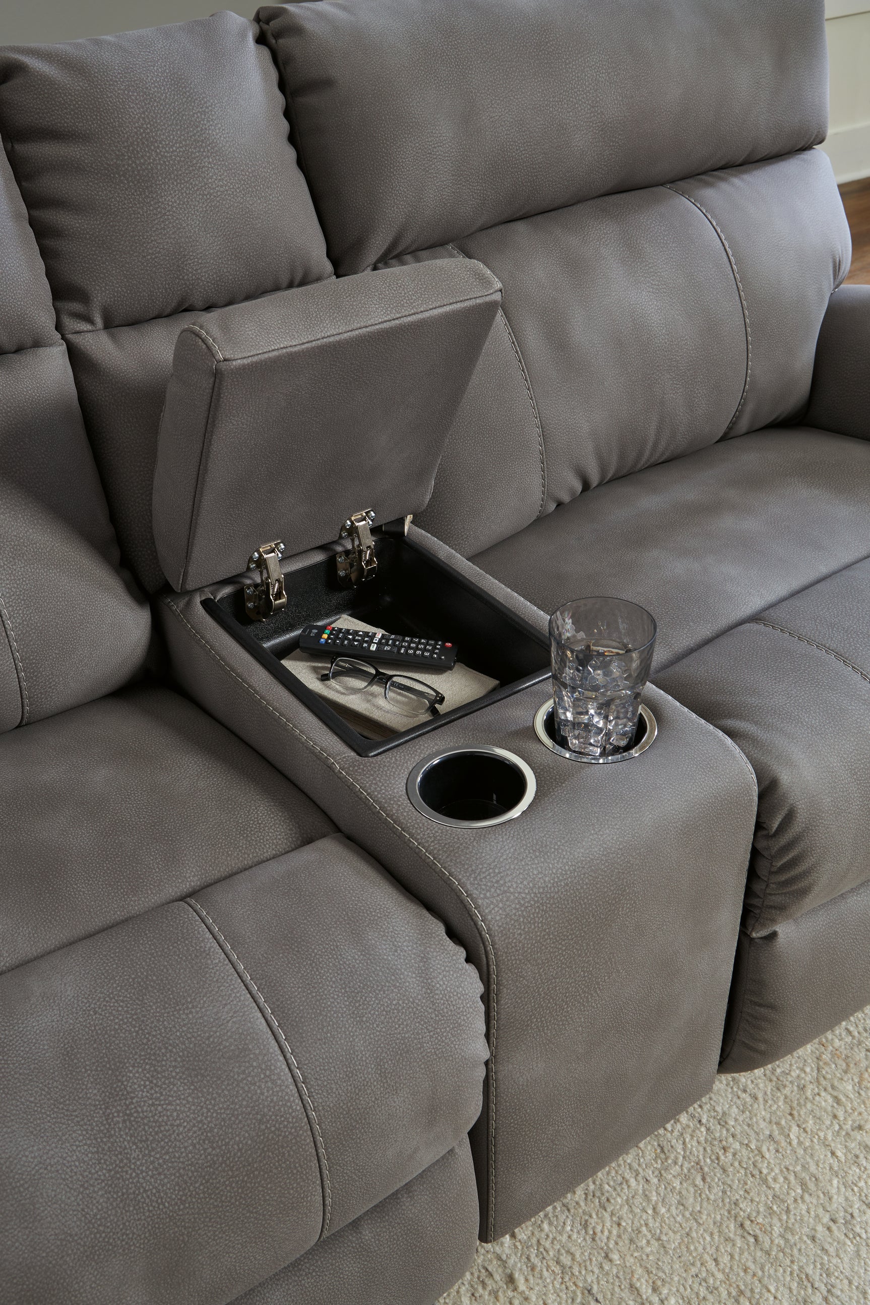 Detail of slate faux leather upholstery